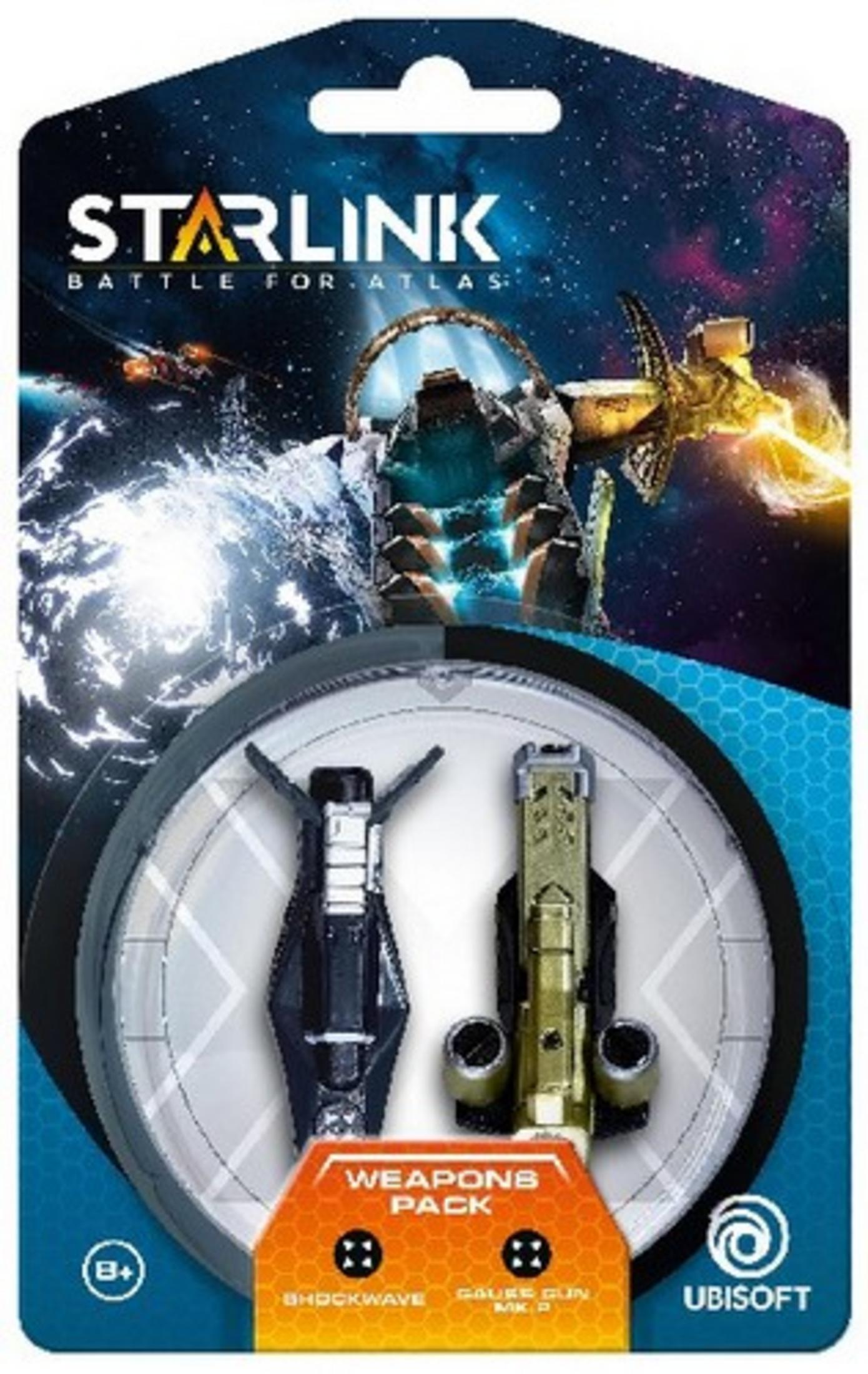 Starlink-Spielpackung mit zwei Spielzeugwaffen. Der Hintergrund zeigt eine Weltraumszene mit einem Raumschiff.