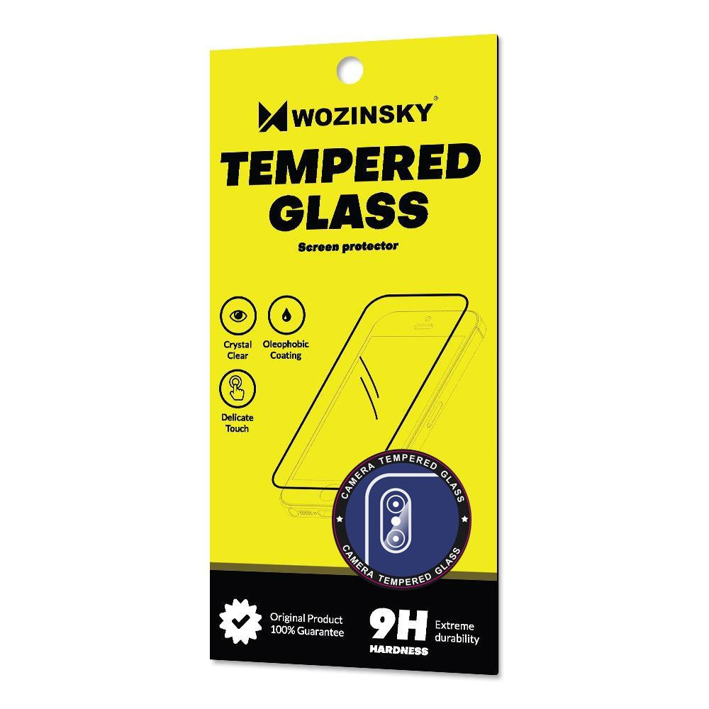 Żółte opakowanie ochronne ekranu z obrysem telefonu, ikonami i tekstem: 'TEMPERED GLASS' i '9H Hardness'.