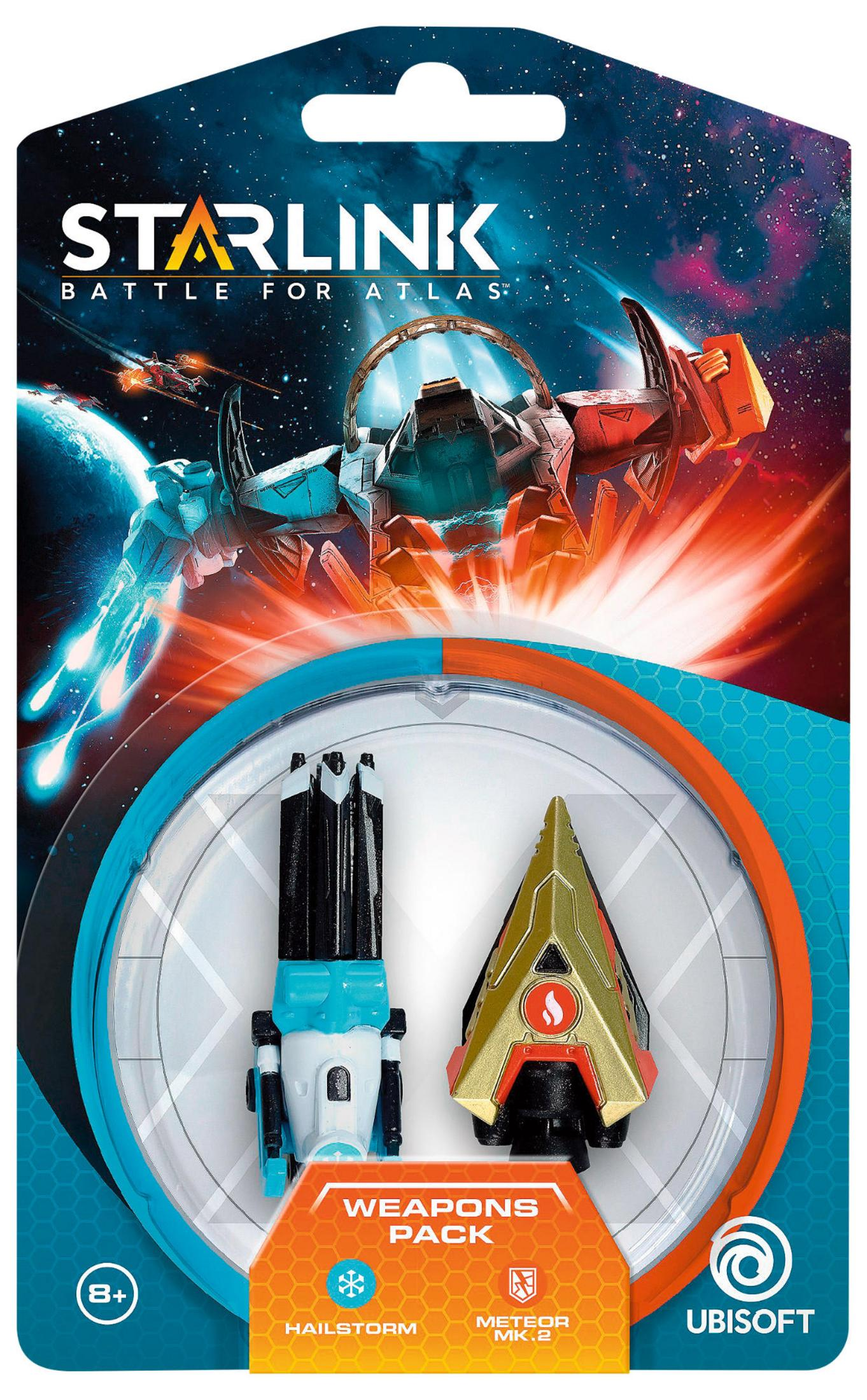 Ein Starlink Battle for Atlas Spielzeugpaket mit zwei Spielzeugwaffen und einem Raumschiff in einer Weltraumszene.