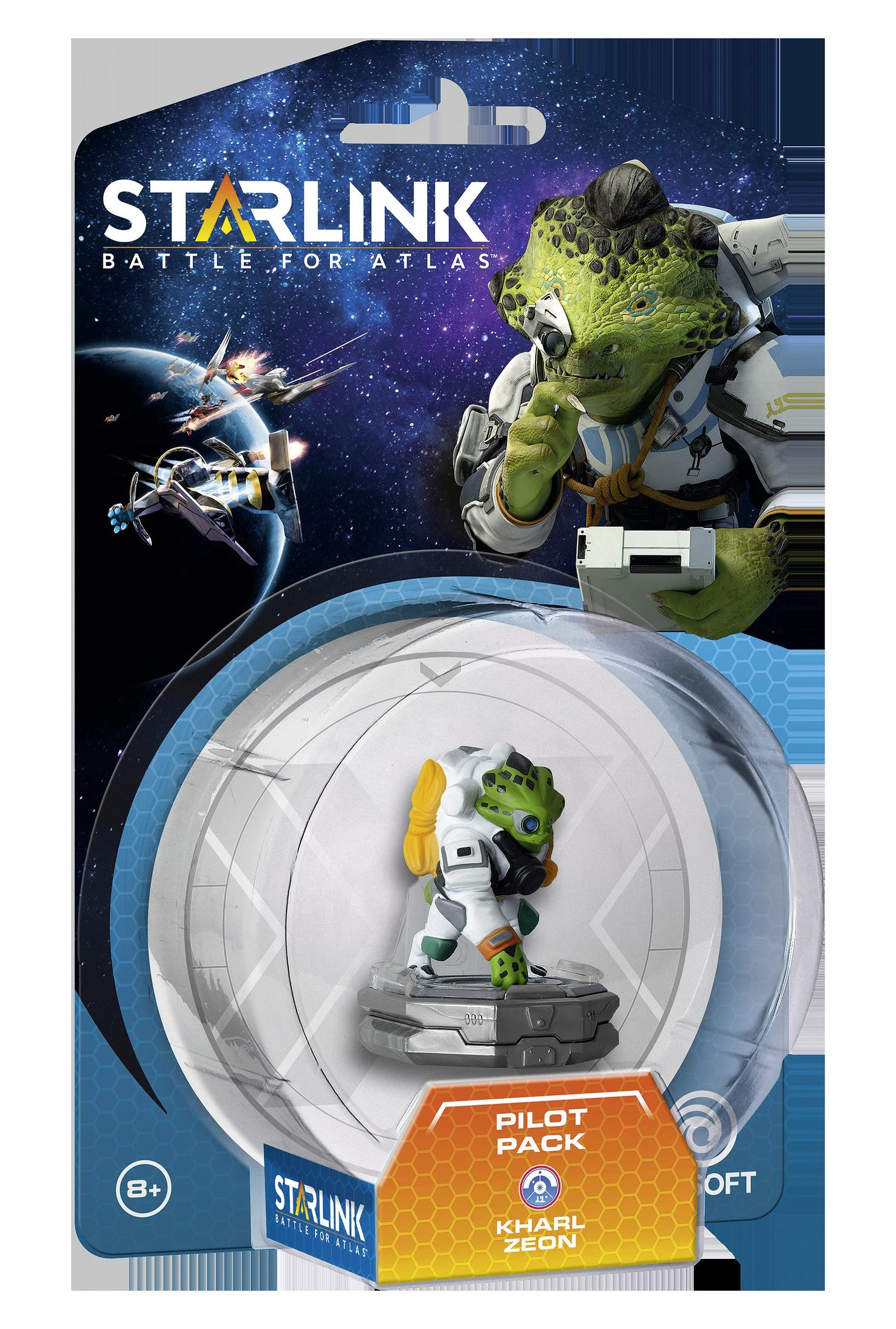 Starlink Battle for Atlas Box mit einer Figur auf einer Scheibe, mit Weltraum- und Sternenhintergrund.