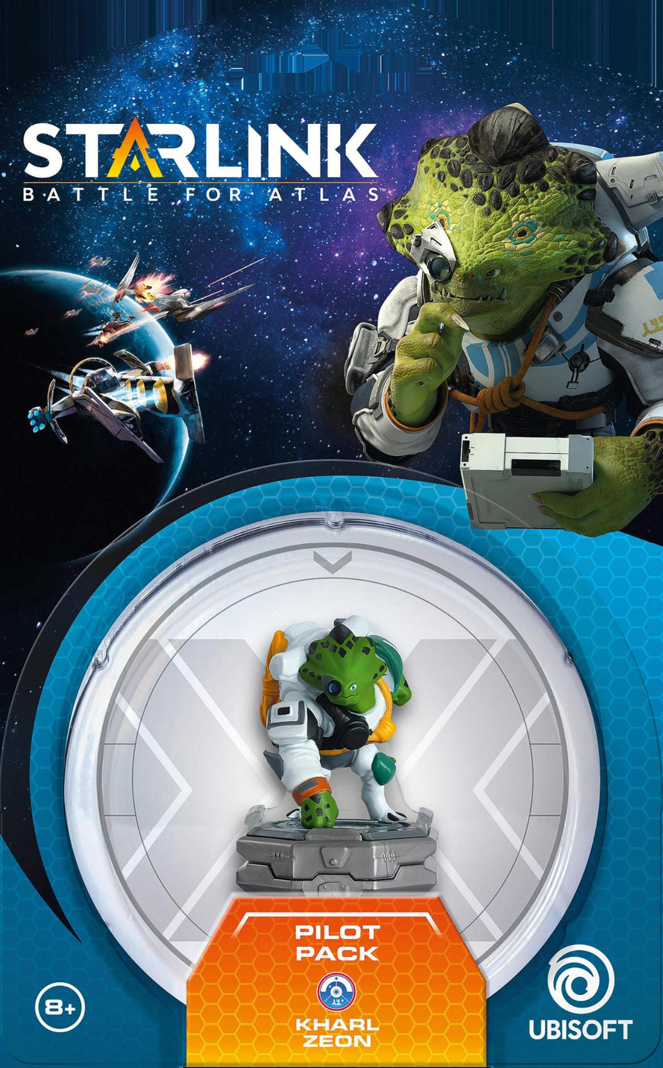Starlink Battle for Atlas Spielbox, mit einer Figur auf einer Scheibe. Der Hintergrund zeigt Weltraum.
