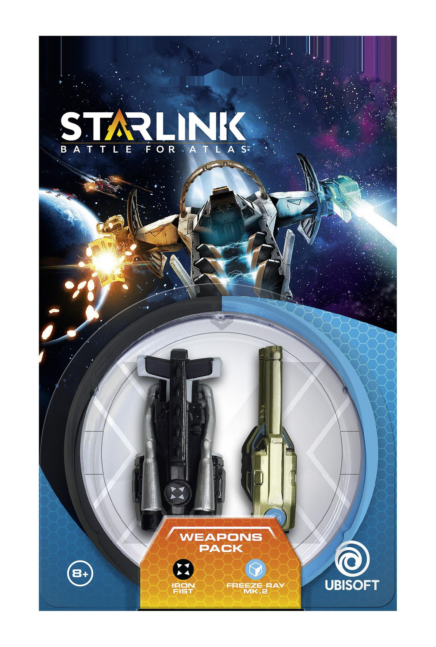Verpacktes 'Starlink'-Spielwaffenpaket mit zwei Spielzeugwaffen, Raumschiffgrafik und Weltraumhintergrund.