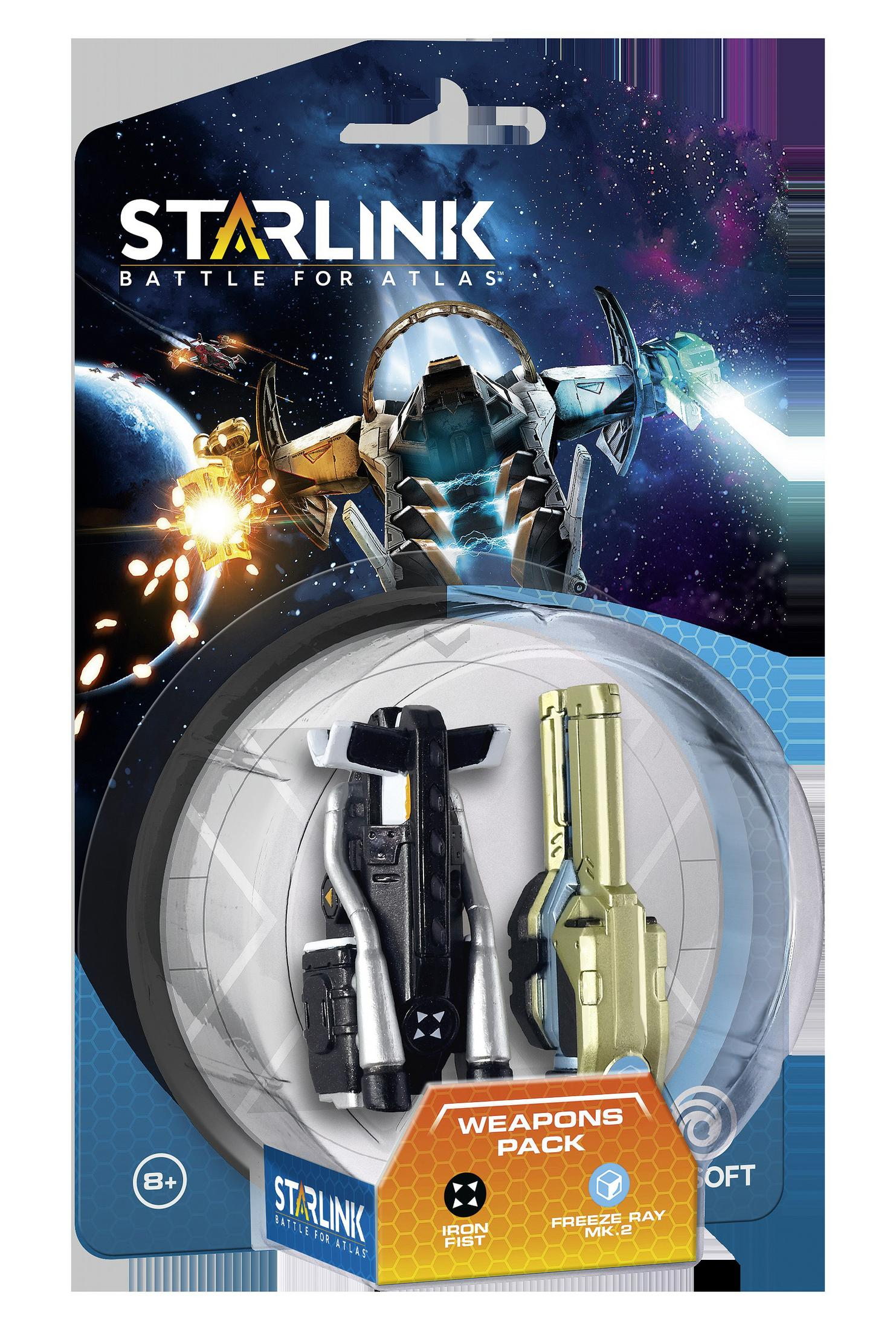 Starlink-Spielzeugwaffen-Pack mit einem Raumschiff auf Weltraumhintergrund. Enthält Waffen und Verpackung.