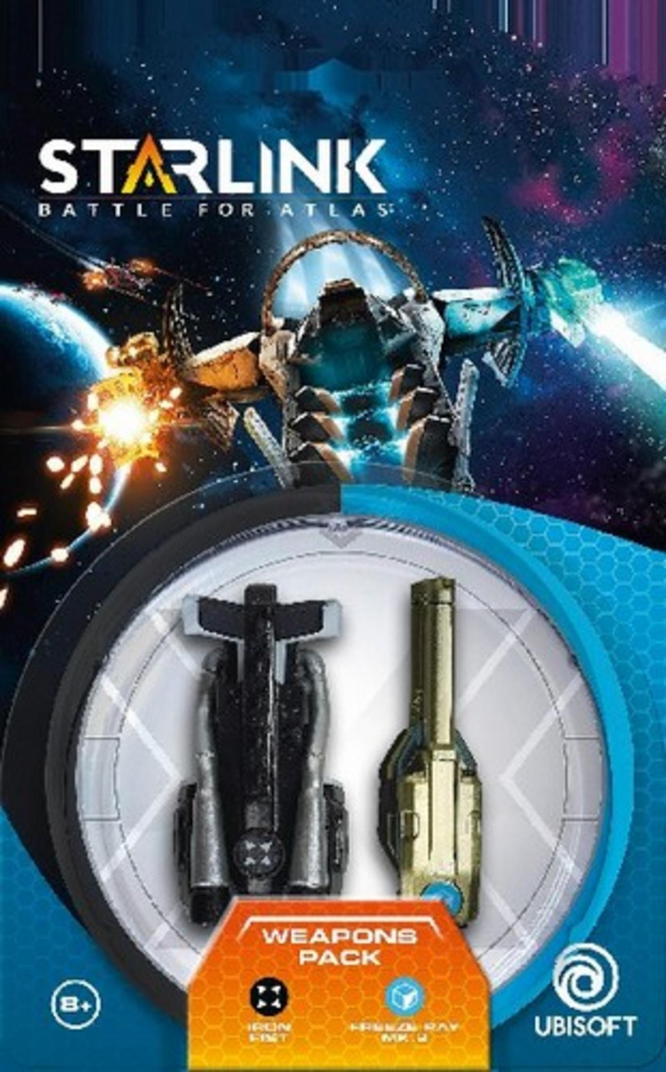 Verpacktes 'Starlink'-Spielwaffenpaket mit zwei Spielzeugwaffen, Raumschiffgrafik und blauem Hintergrund.