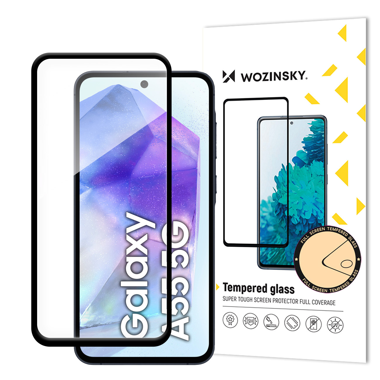 Telefon i opakowanie osłony ekranu. Telefon wyświetla 'Galaxy A55 5G'. Opakowanie pokazuje osłonę ekranu.