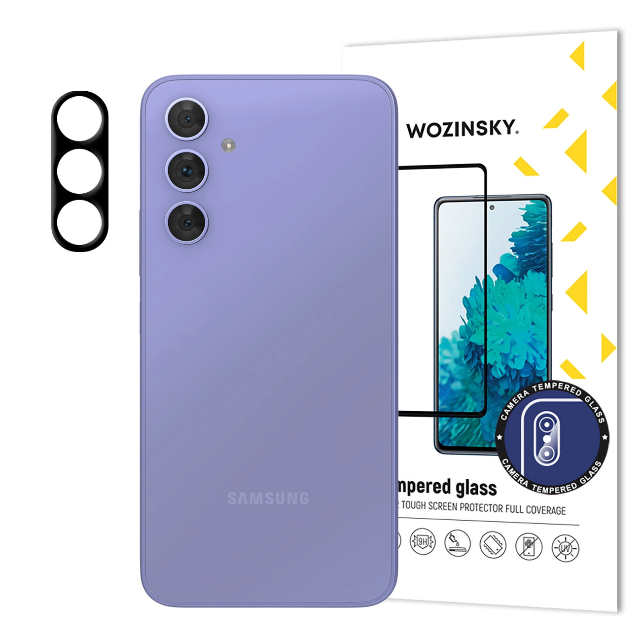 Fioletowy telefon z ochraniaczem ekranu, osłoną obiektywu aparatu i opakowaniem produktu.