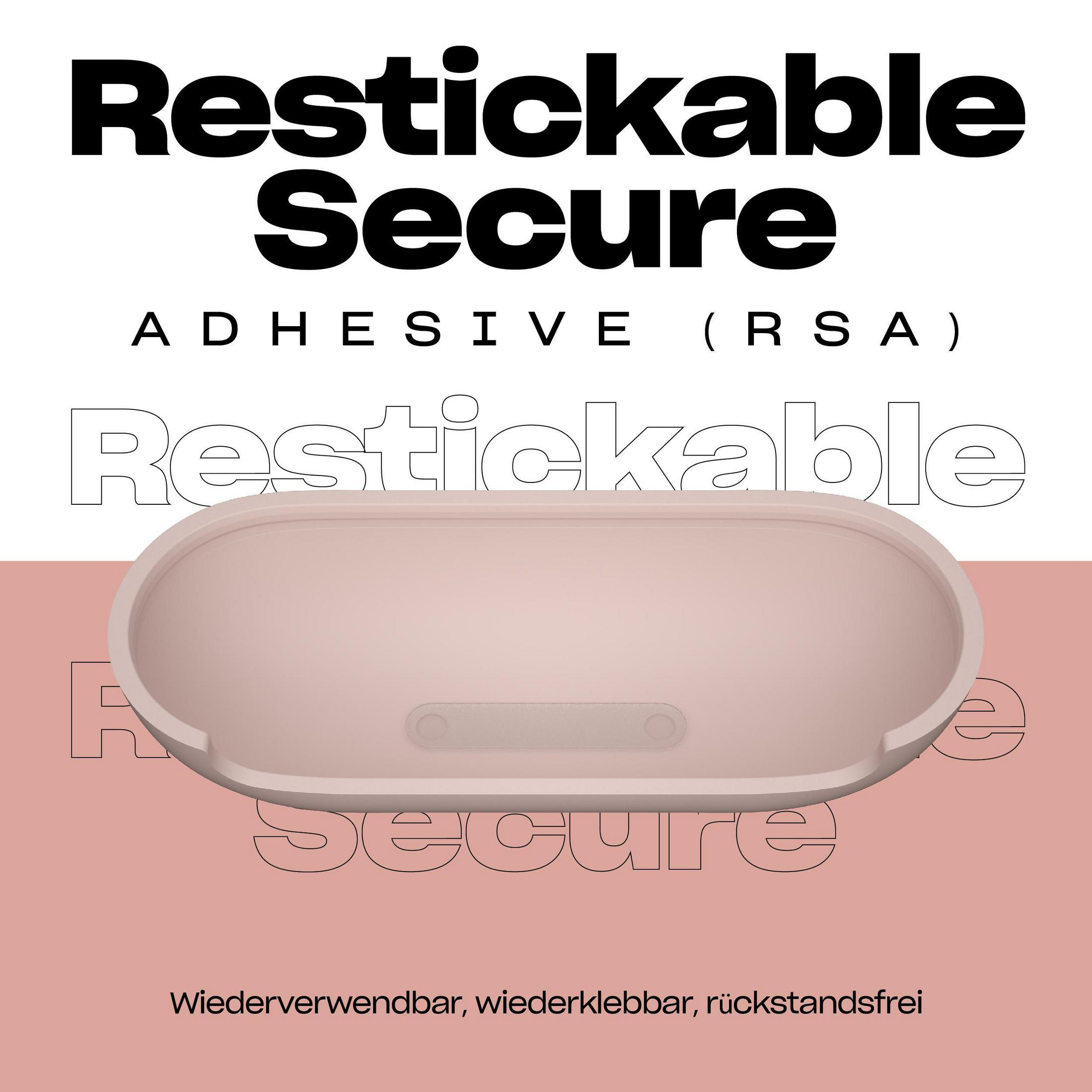 Rosa Hülle mit weißem Text, die Hülle ist in der Mitte, und der Text lautet Restickable Secure.