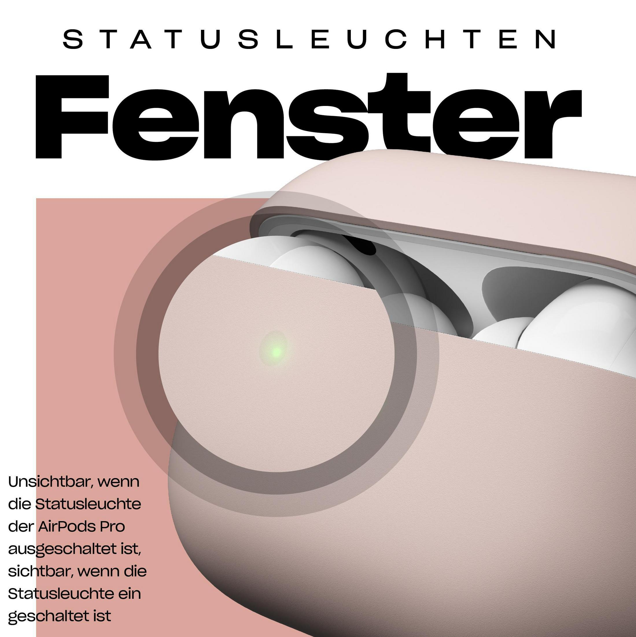 Rosa AirPods Pro Hülle mit AirPods, ein grünes Licht leuchtet. Text auf Deutsch darüber.
