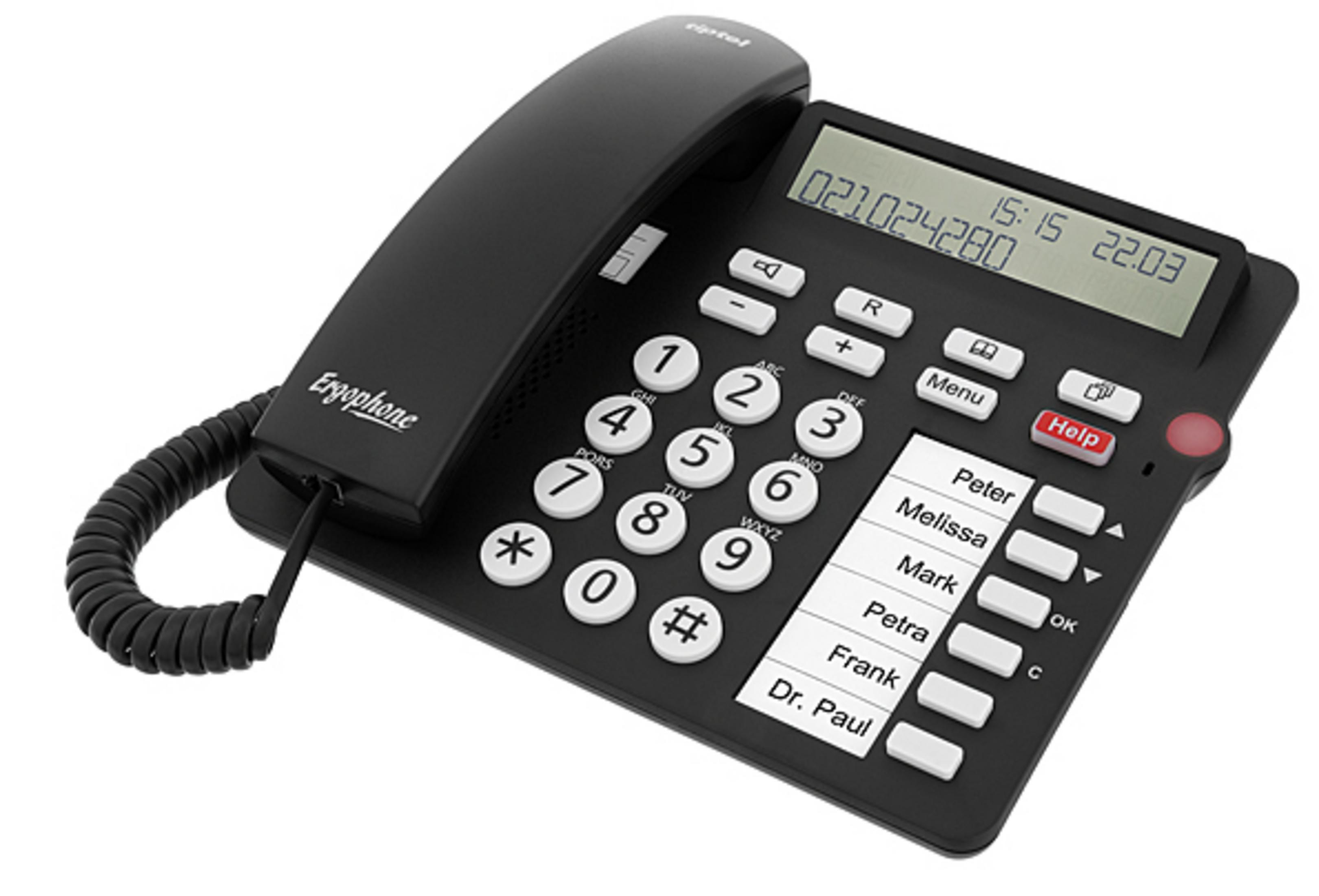 Telefono nero con display e pulsanti grandi. Ha il nome 'Ergophone' in basso a sinistra.