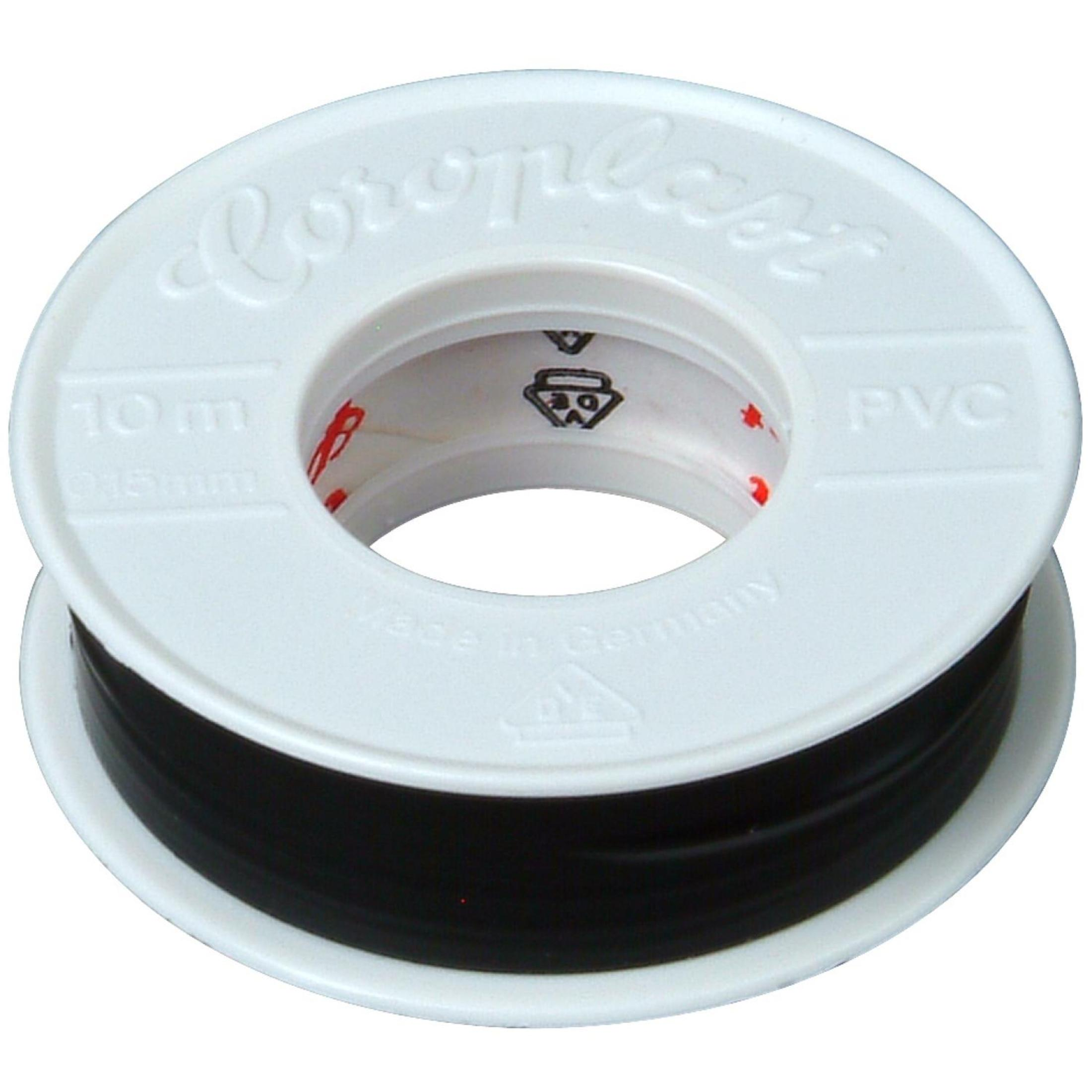 Eine Rolle schwarzes Isolierband, mit einem weißen Etikett mit der Aufschrift Coroplast.