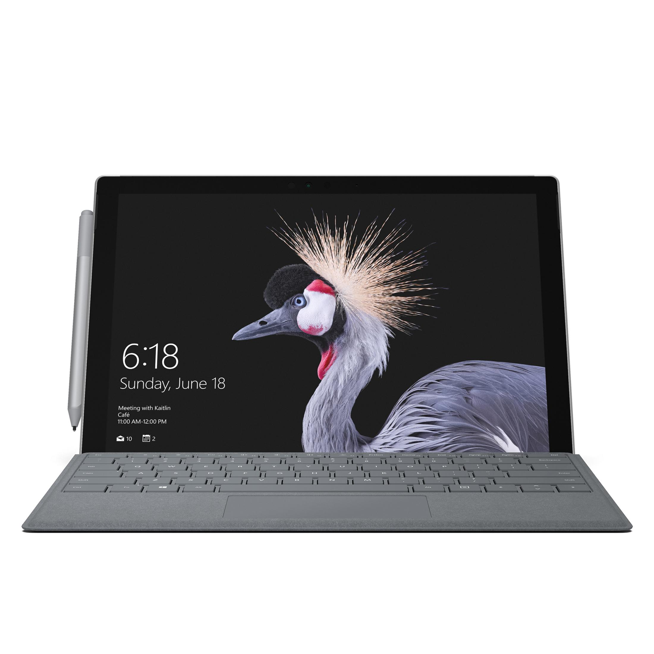 Ein graues Tablet mit Tastatur und Stift. Der Bildschirm zeigt ein Kranichbild und die Uhrzeit.