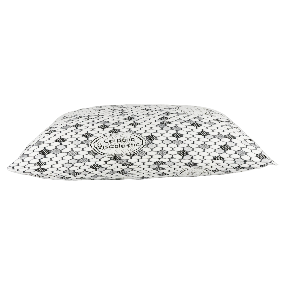 Una almohada con estampado blanco y negro. La almohada tiene una etiqueta Viscoelastic.