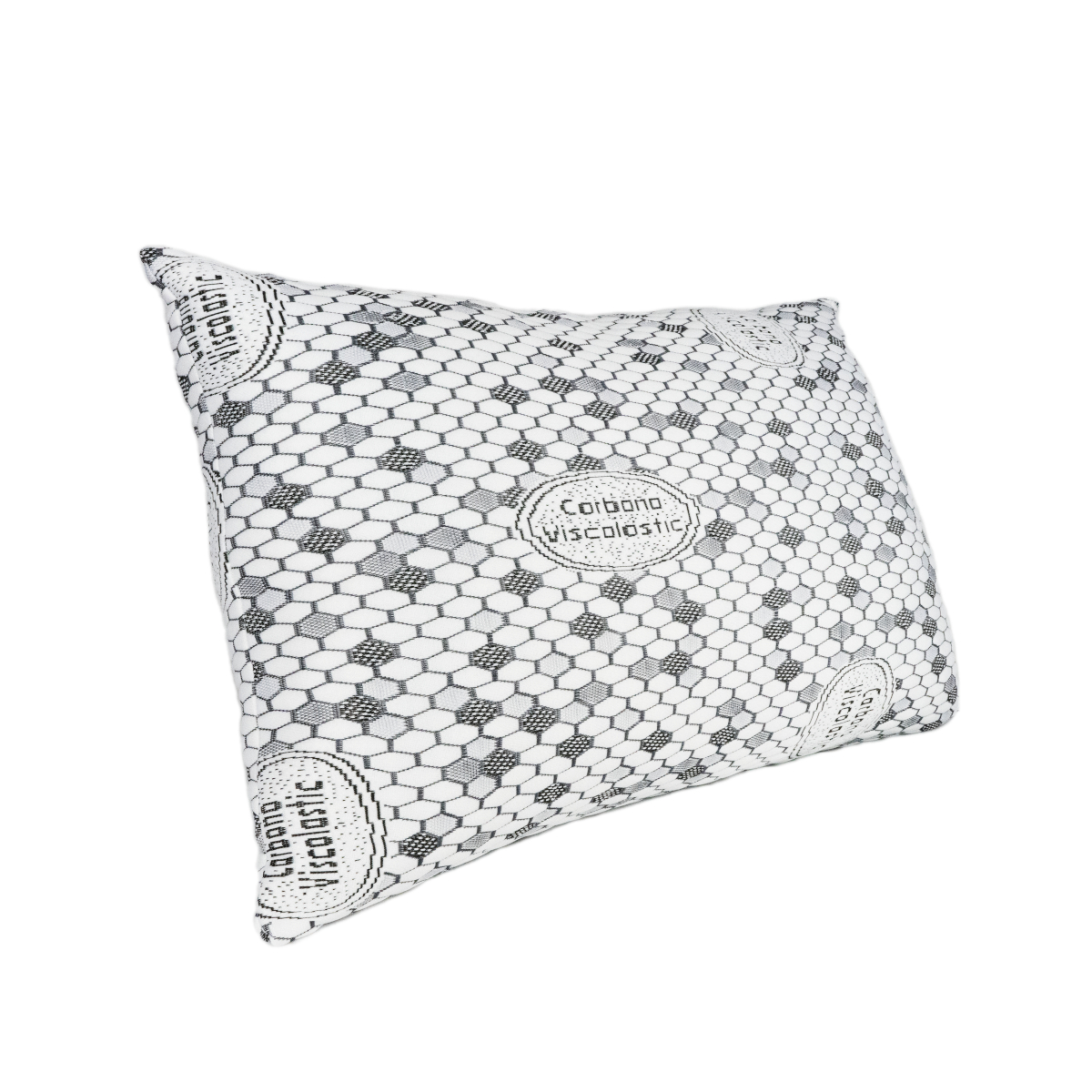 Una almohada con estampado blanco y negro. La almohada tiene una etiqueta Viscoelastic.