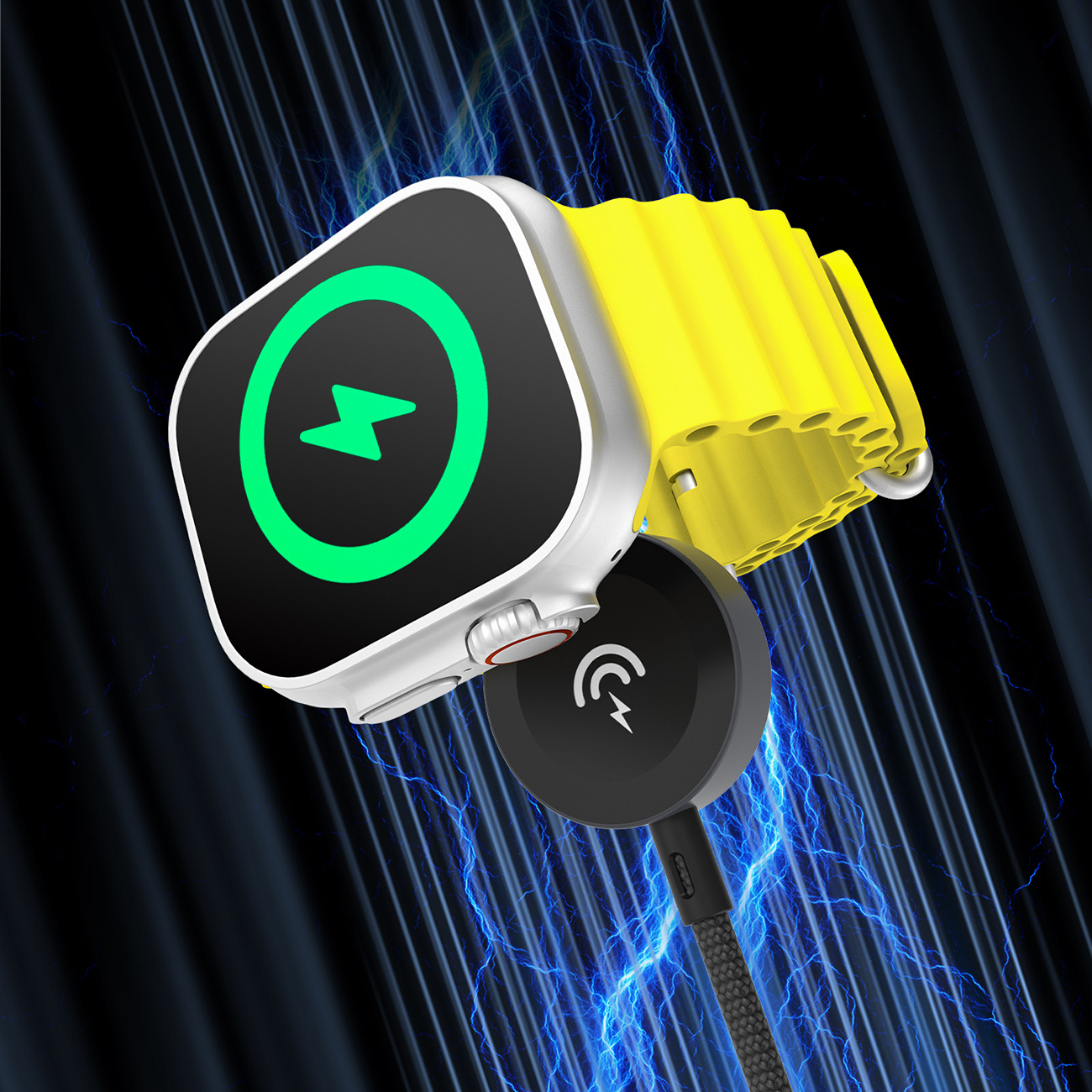 Żółty smartwatch ładuje się na czarnym stojaku. Na ekranie widoczny jest zielony symbol błyskawicy.
