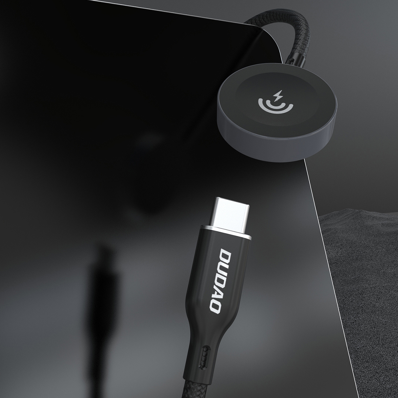Czarny kabel ładujący z magnetyczną głowicą ładującą i złączem USB-C.