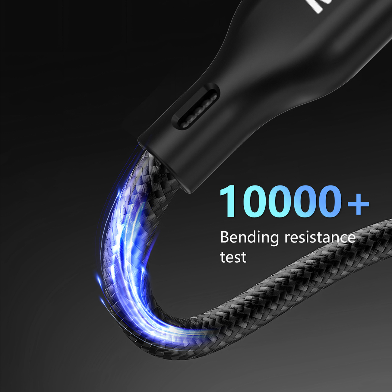 Czarny kabel z efektami niebieskiego światła oraz tekstem '10000+' i 'Test odporności na zginanie'.