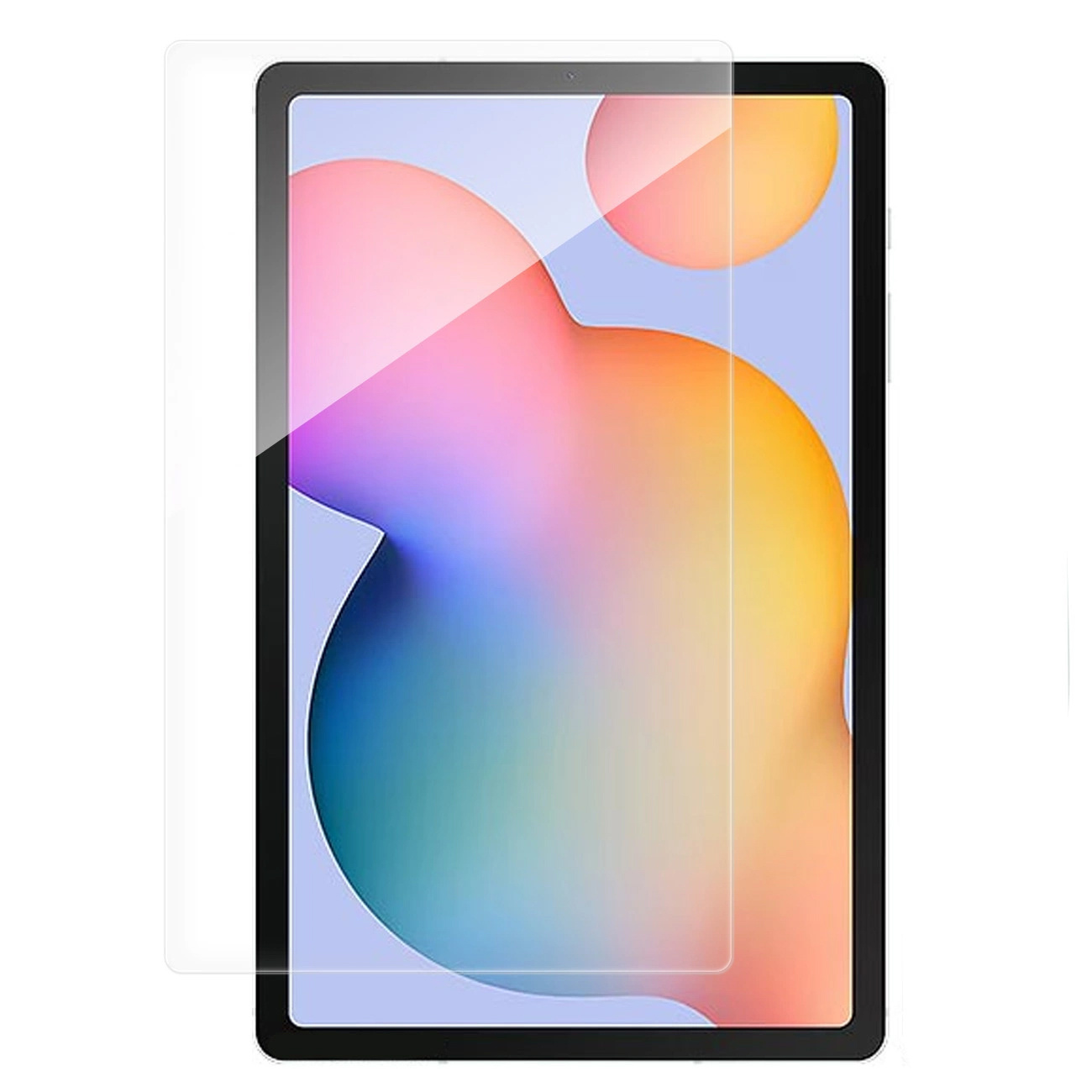 Tablet z nałożoną folią ochronną. Kolorowe abstrakcyjne tło widoczne przez ekran.