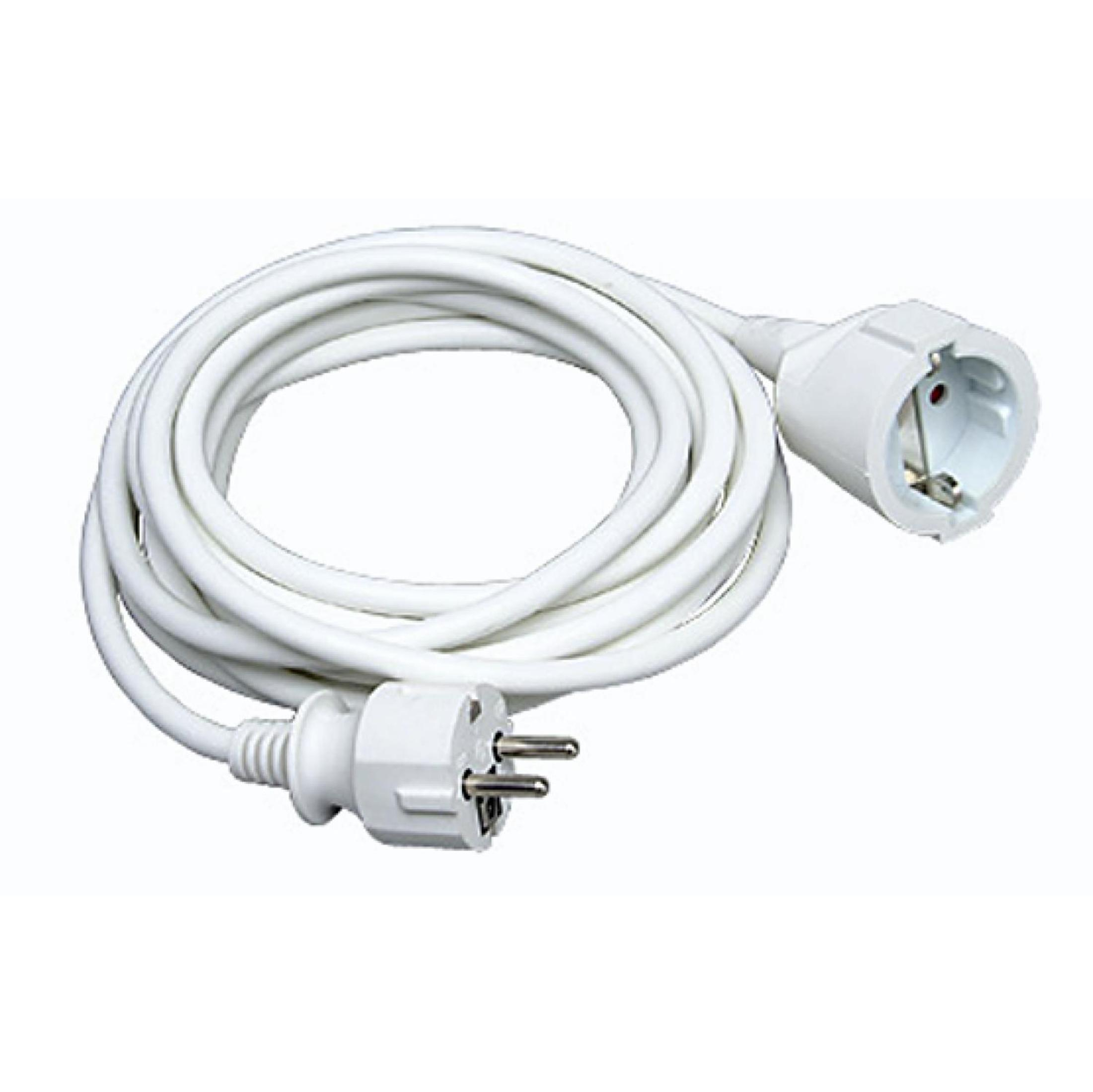 Weißes Netzkabel mit Stecker und Buchse. Das Kabel ist auf weißem Grund aufgerollt.