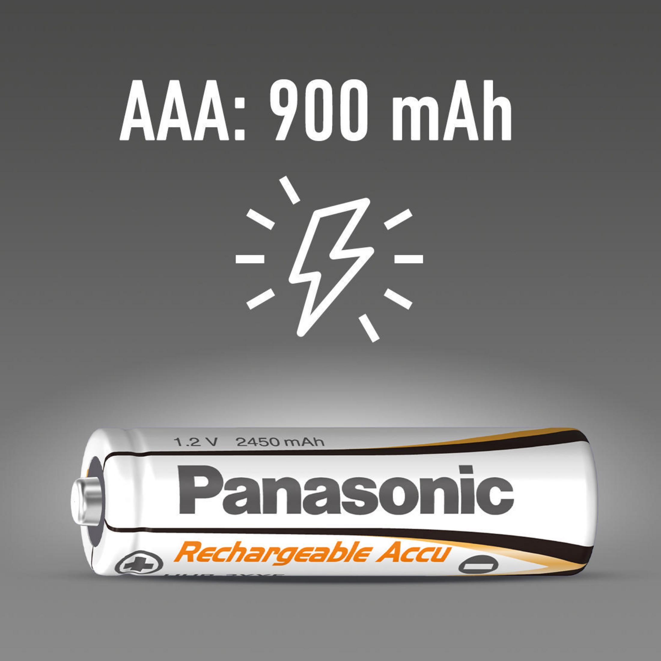 Eine Panasonic AAA-Akku mit Blitzsymbol und Text vor grauem Hintergrund.