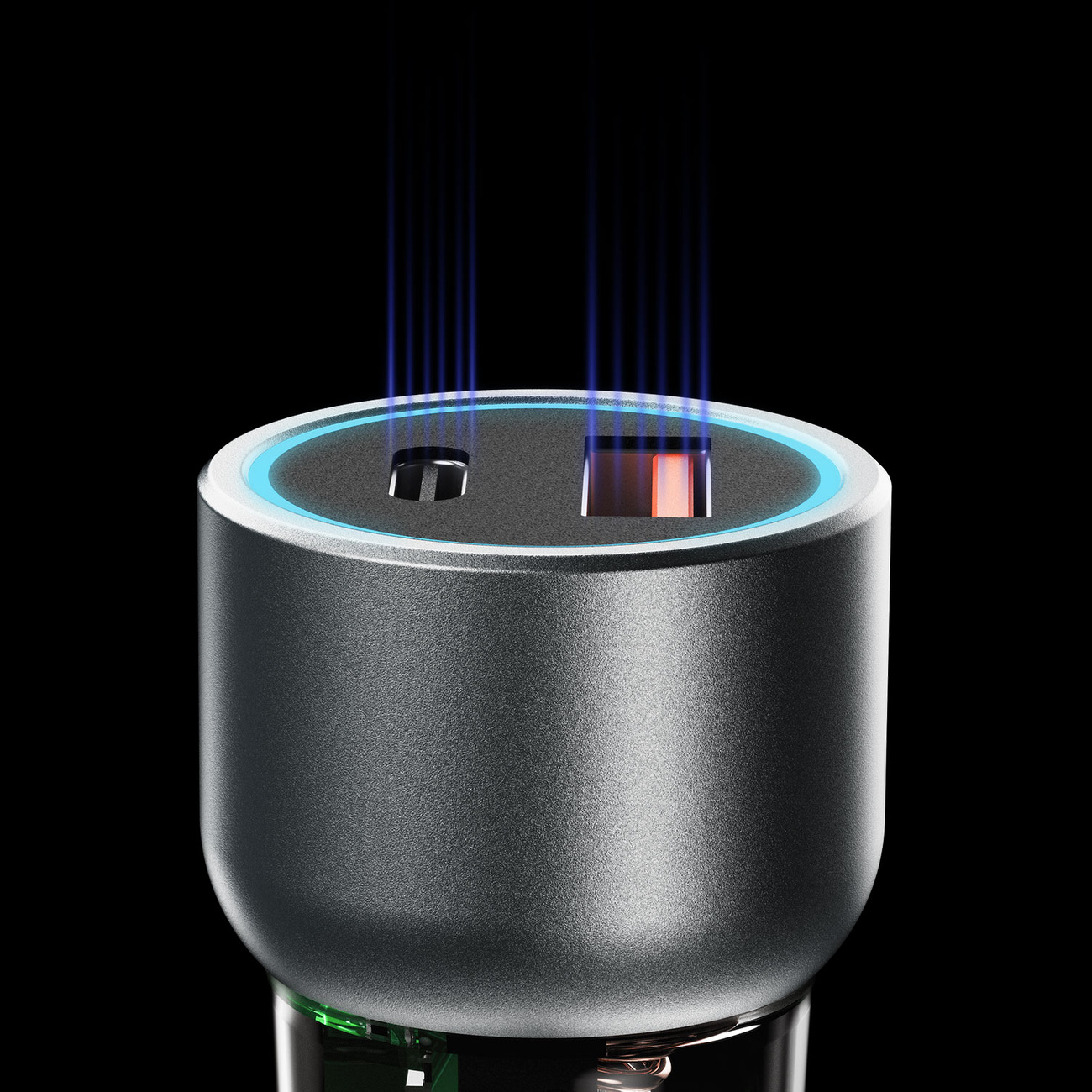 Zbliżenie srebrnej ładowarki samochodowej z dwoma portami USB i niebieskimi światłami emanującymi z góry.