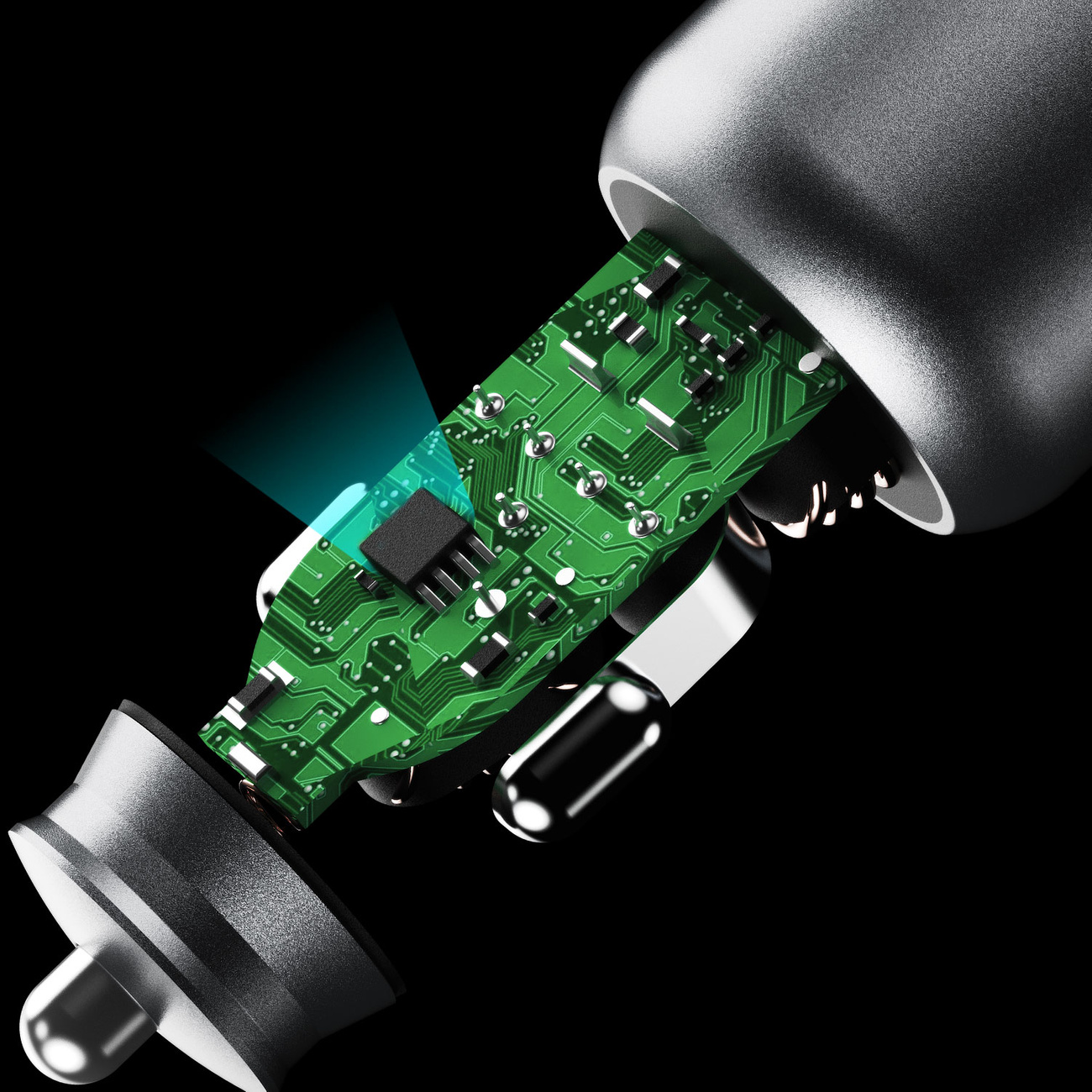 Zbliżenie zielonej płytki drukowanej ładowarki samochodowej. Ładowarka jest częściowo zdemontowana.