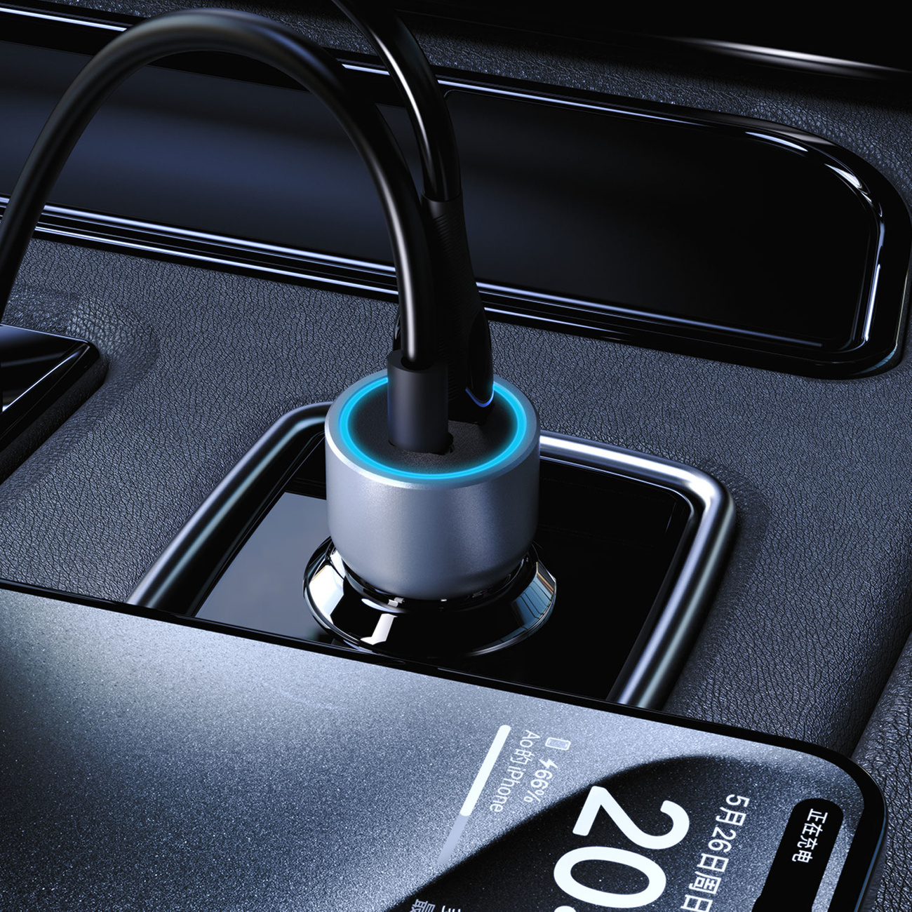 Ładowarka samochodowa podłączona w samochodzie z telefonem na desce rozdzielczej. Telefon pokazuje ekran ładowania.