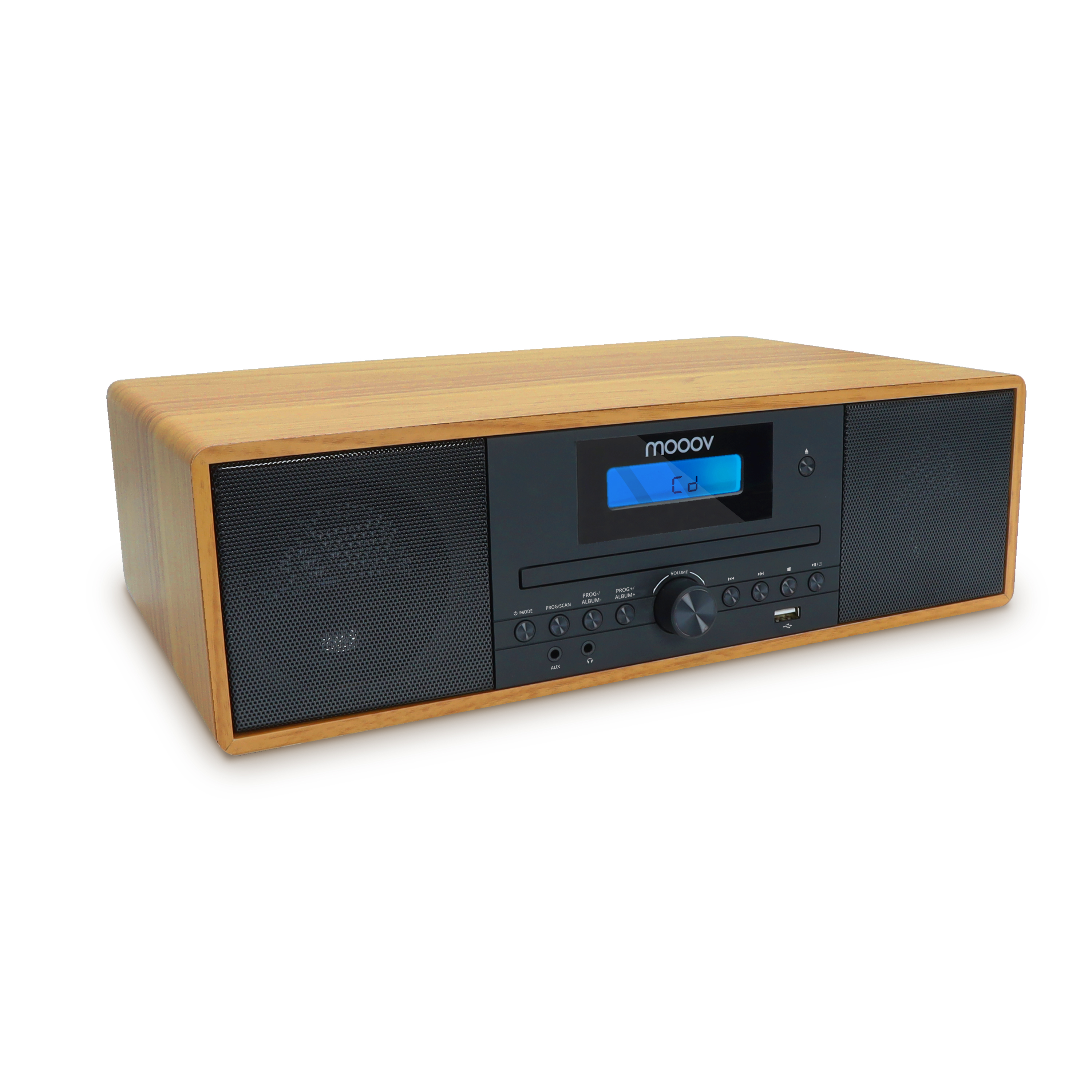Sistema estéreo de madera con panel de control negro y pantalla azul. Altavoces a ambos lados.