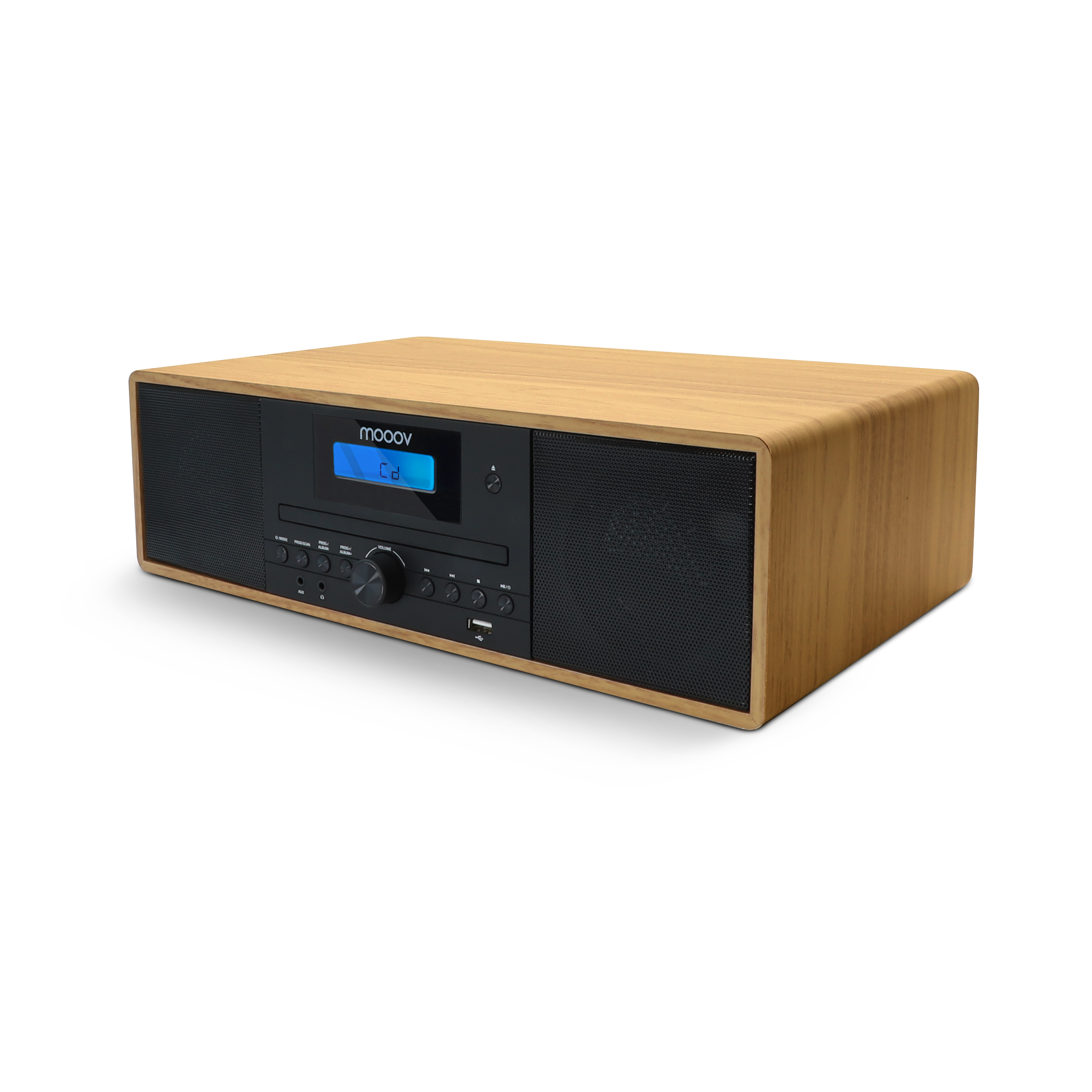 Radio de madera con detalles negros. Pantalla y botones. Logotipo moov. Fondo blanco.