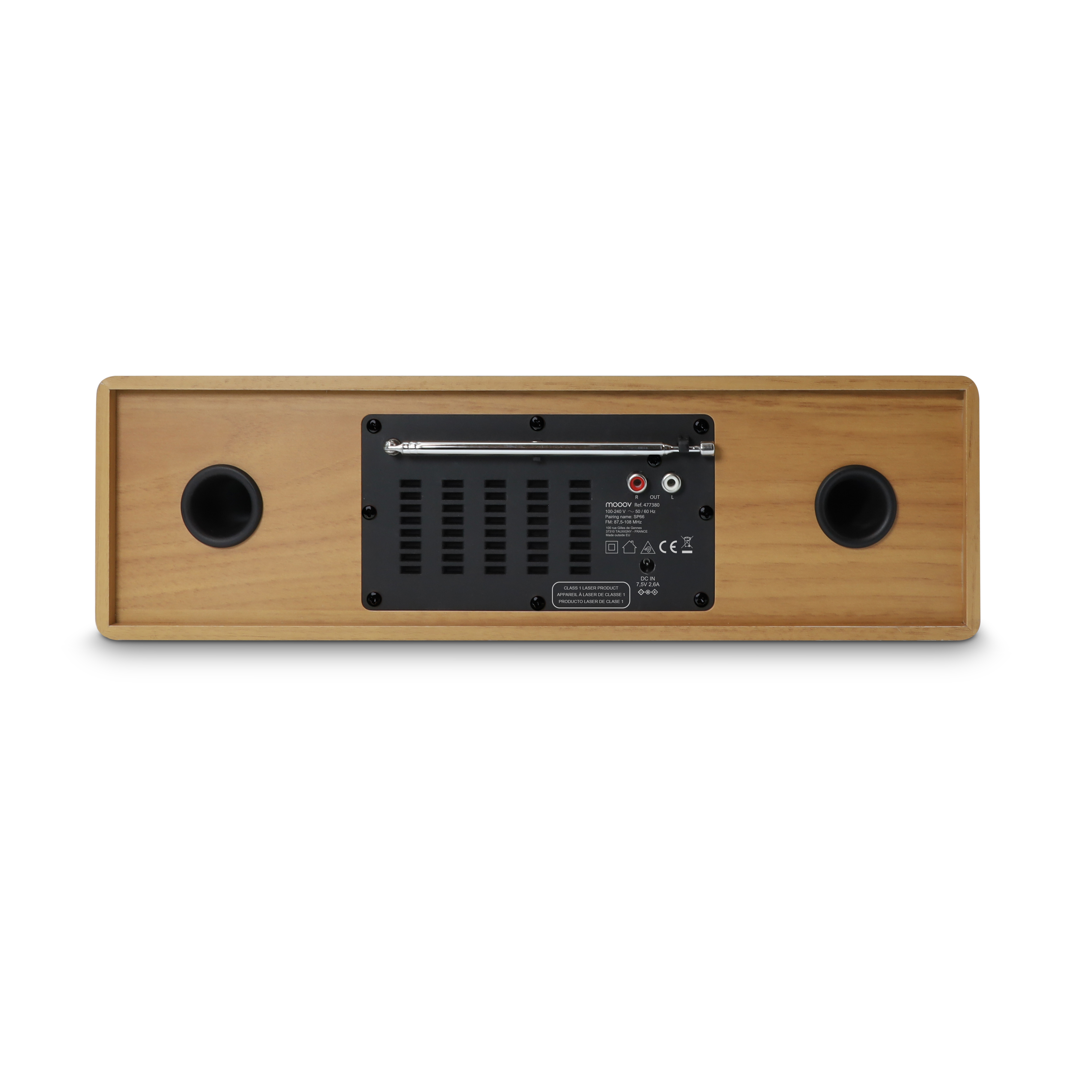 Parte trasera de una radio de madera, con altavoces y antena. Panel negro con etiquetas y entradas.