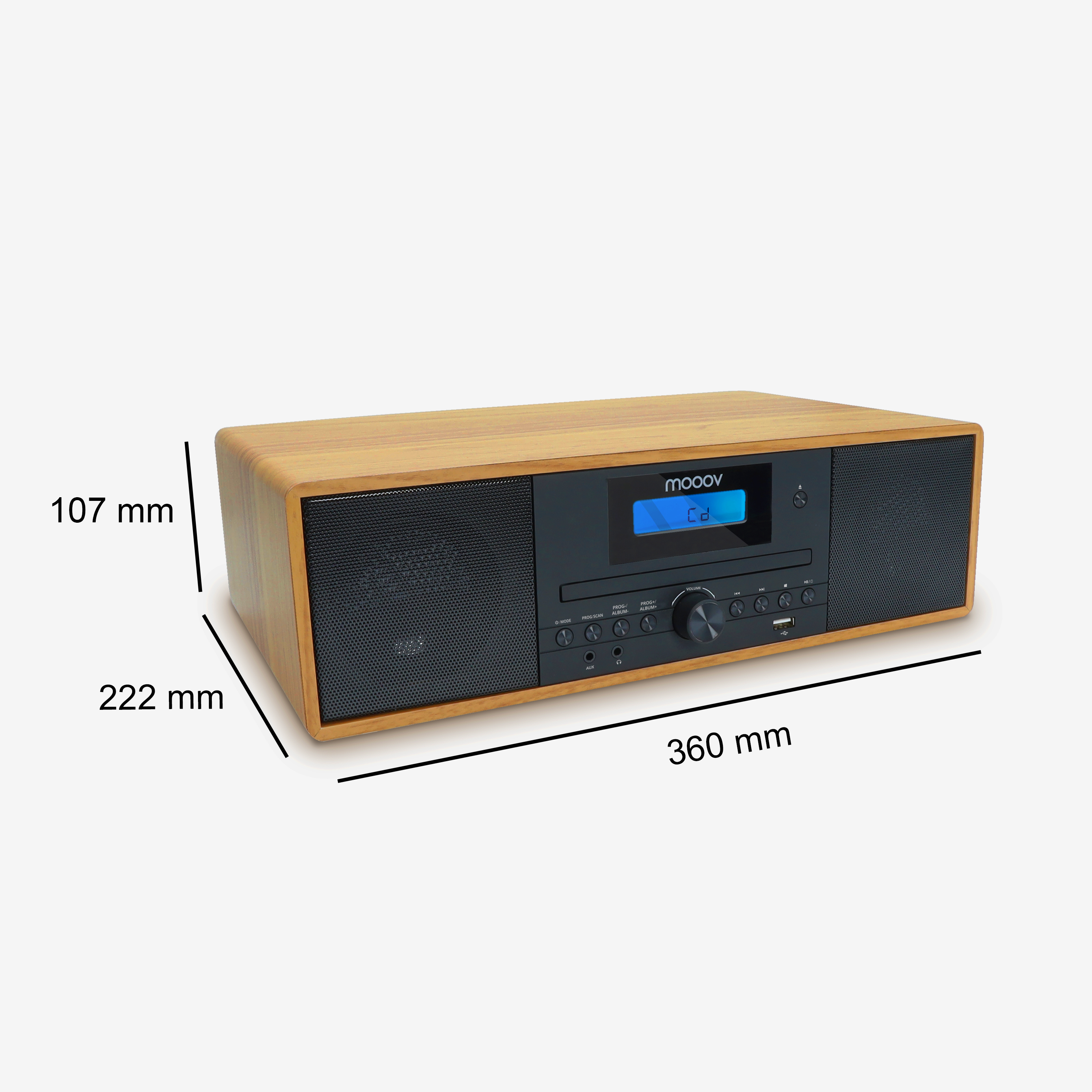 Sistema estéreo de madera con medidas: 222 mm x 360 mm x 107 mm. Panel y pantalla negros.