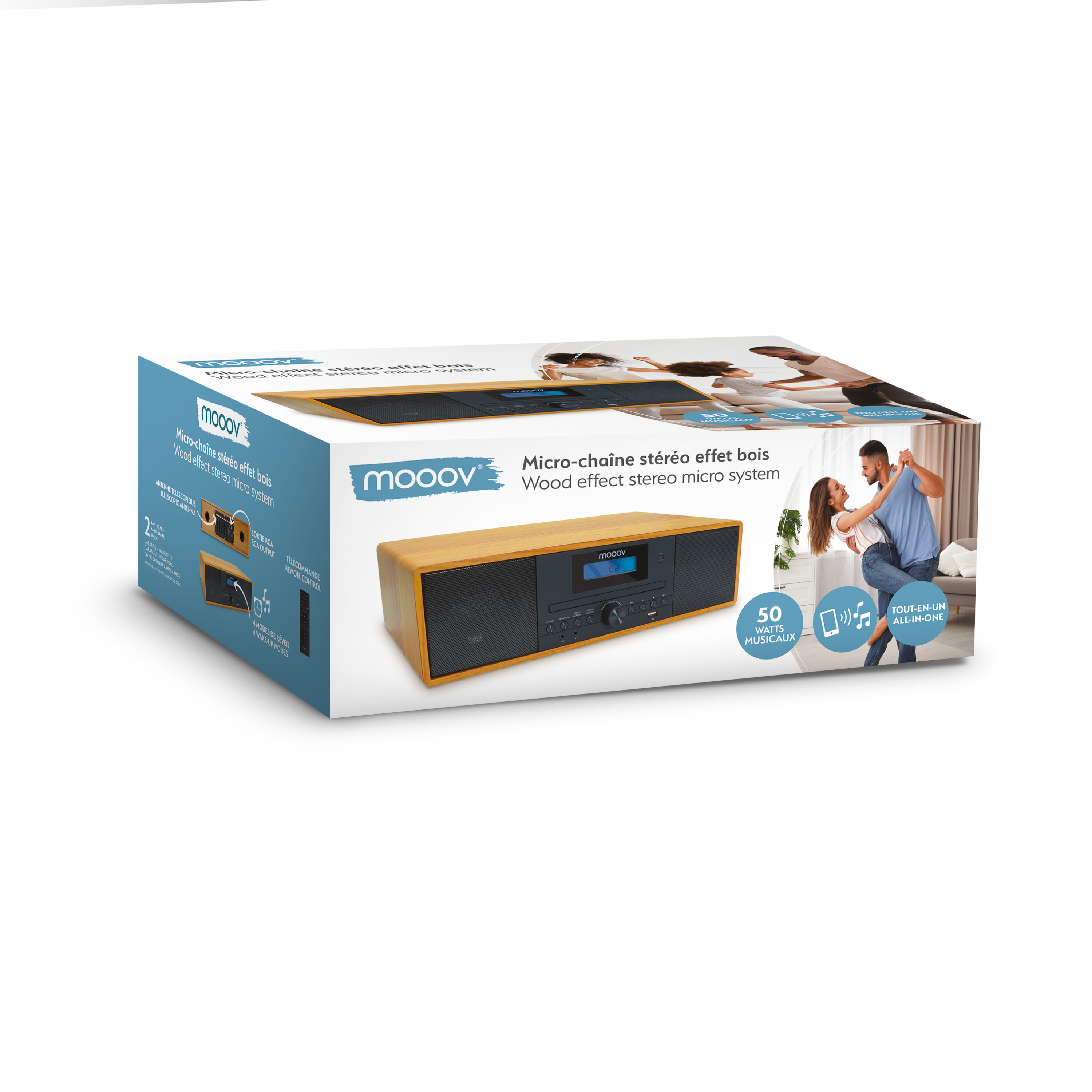Caja de un sistema estéreo. La caja tiene una imagen del sistema y una pareja bailando.