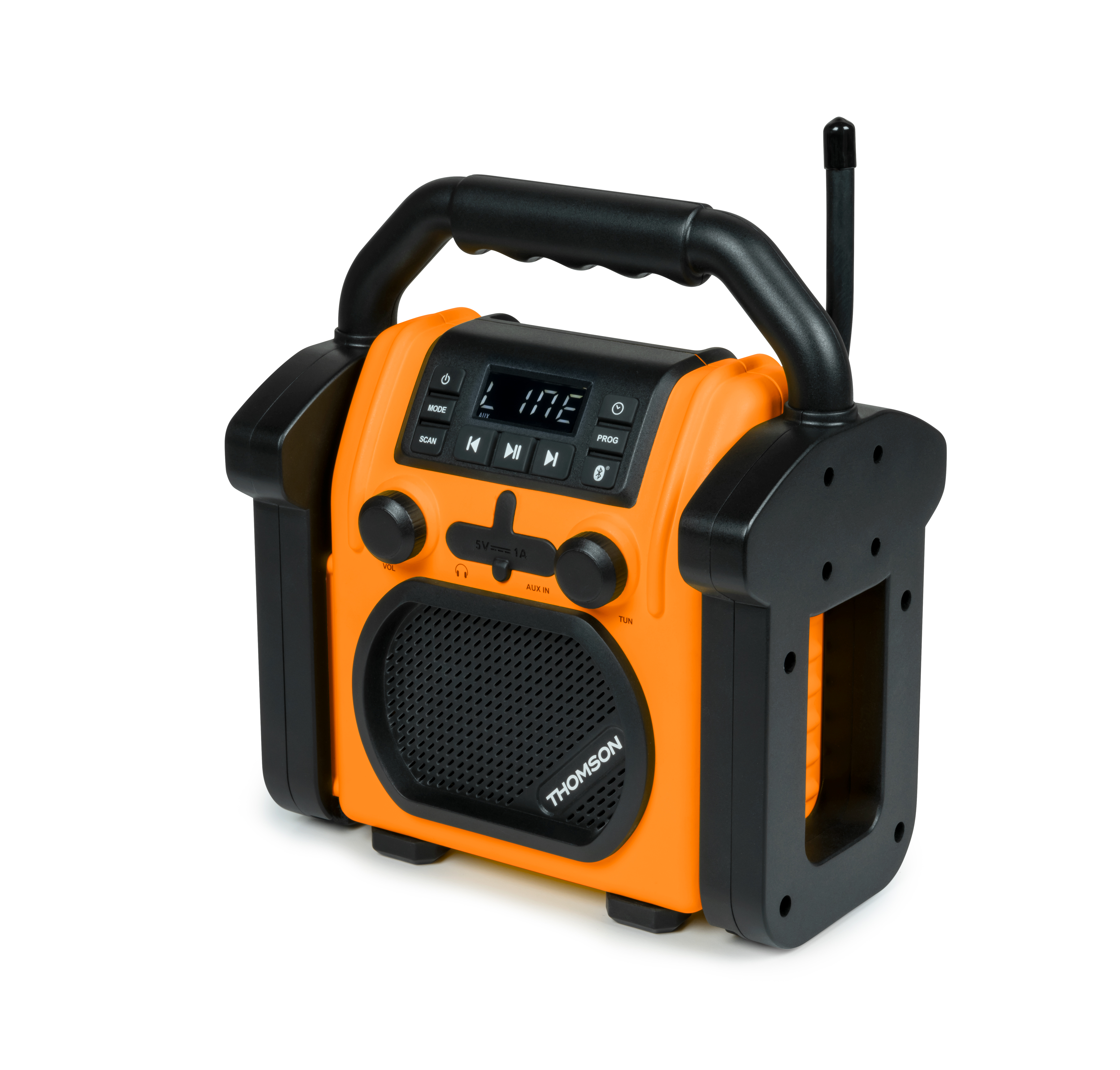 Pomarańczowo-czarne radio Thomson. Przyciski, ekran, antena i uchwyt, na białym tle.