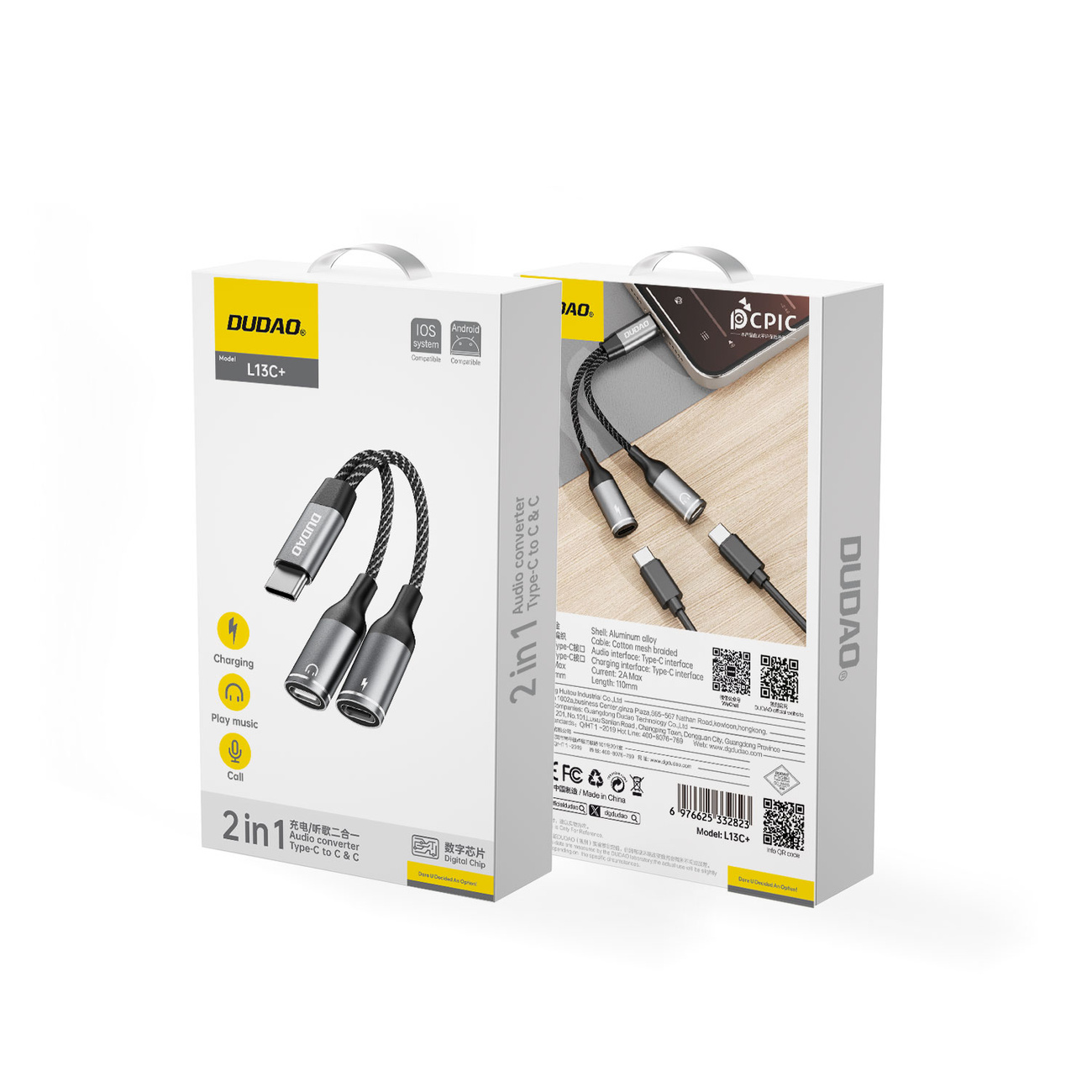 Opakowanie konwertera audio DUDO, z portami USB-C i 3,5 mm. Zawiera szczegóły produktu.