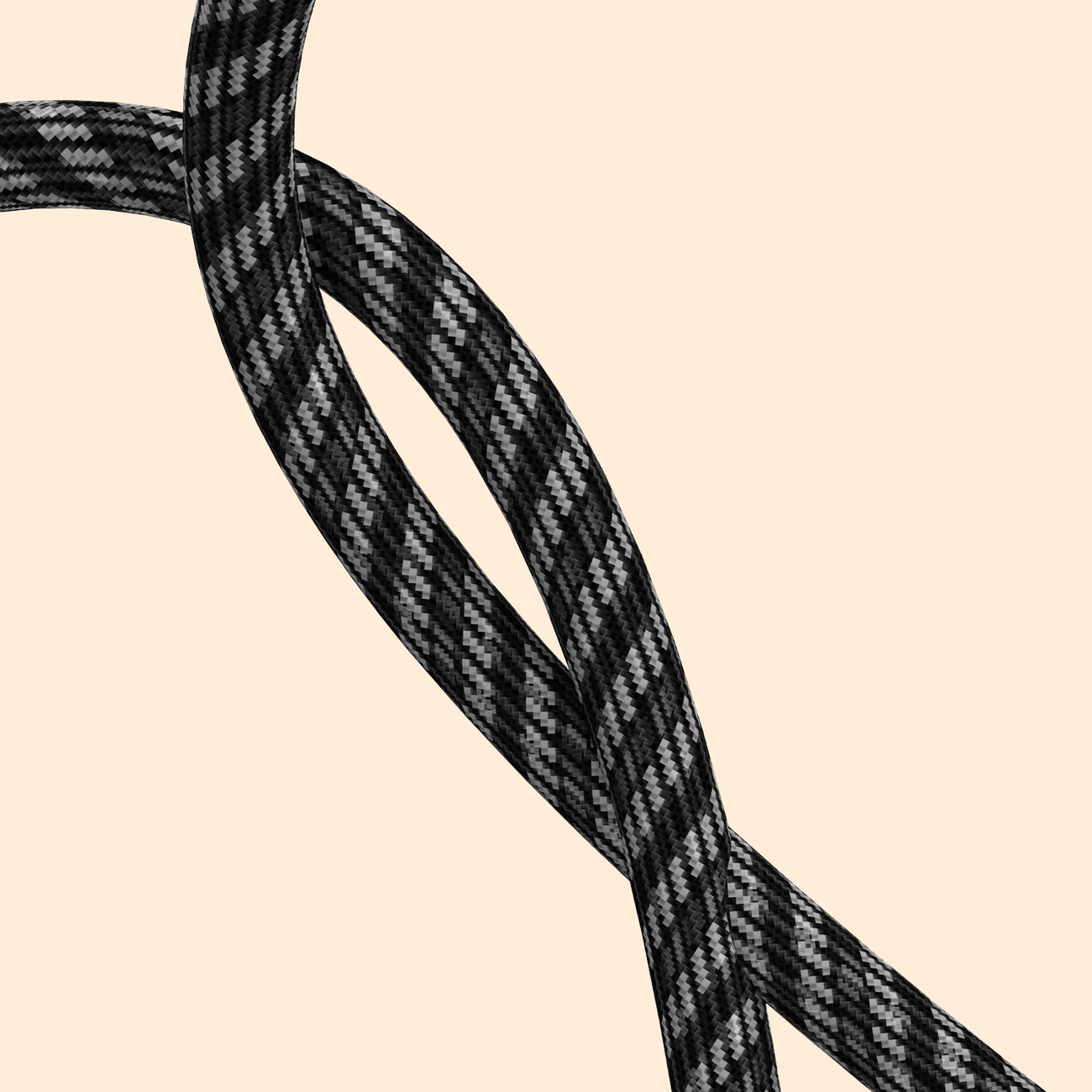 Dwa czarne kable splecione, z teksturowanym wzorem. Tło jest w kolorze jasnobeżowym.