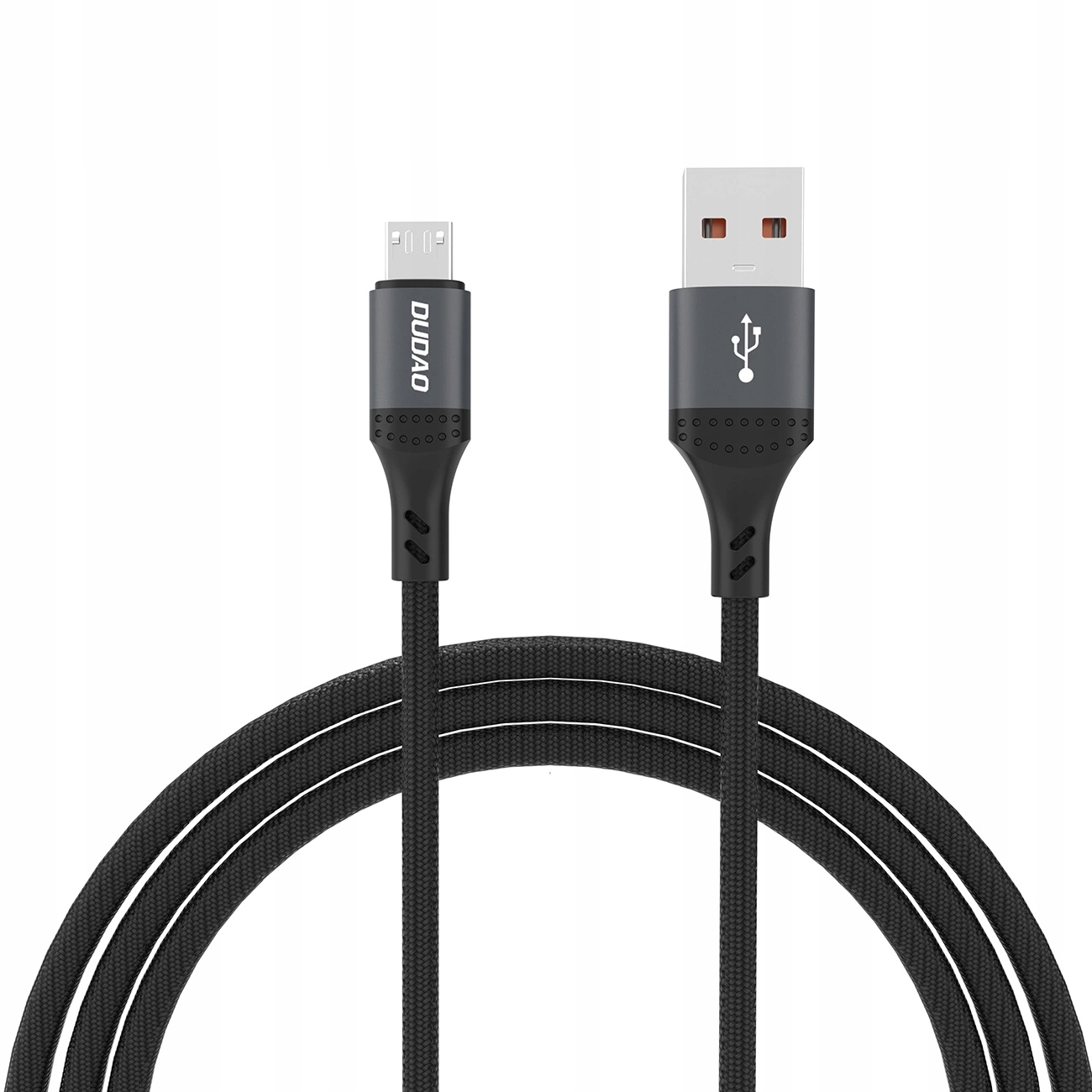 Czarny kabel USB z dwoma złączami, jednym USB i drugim micro USB, na białym tle.