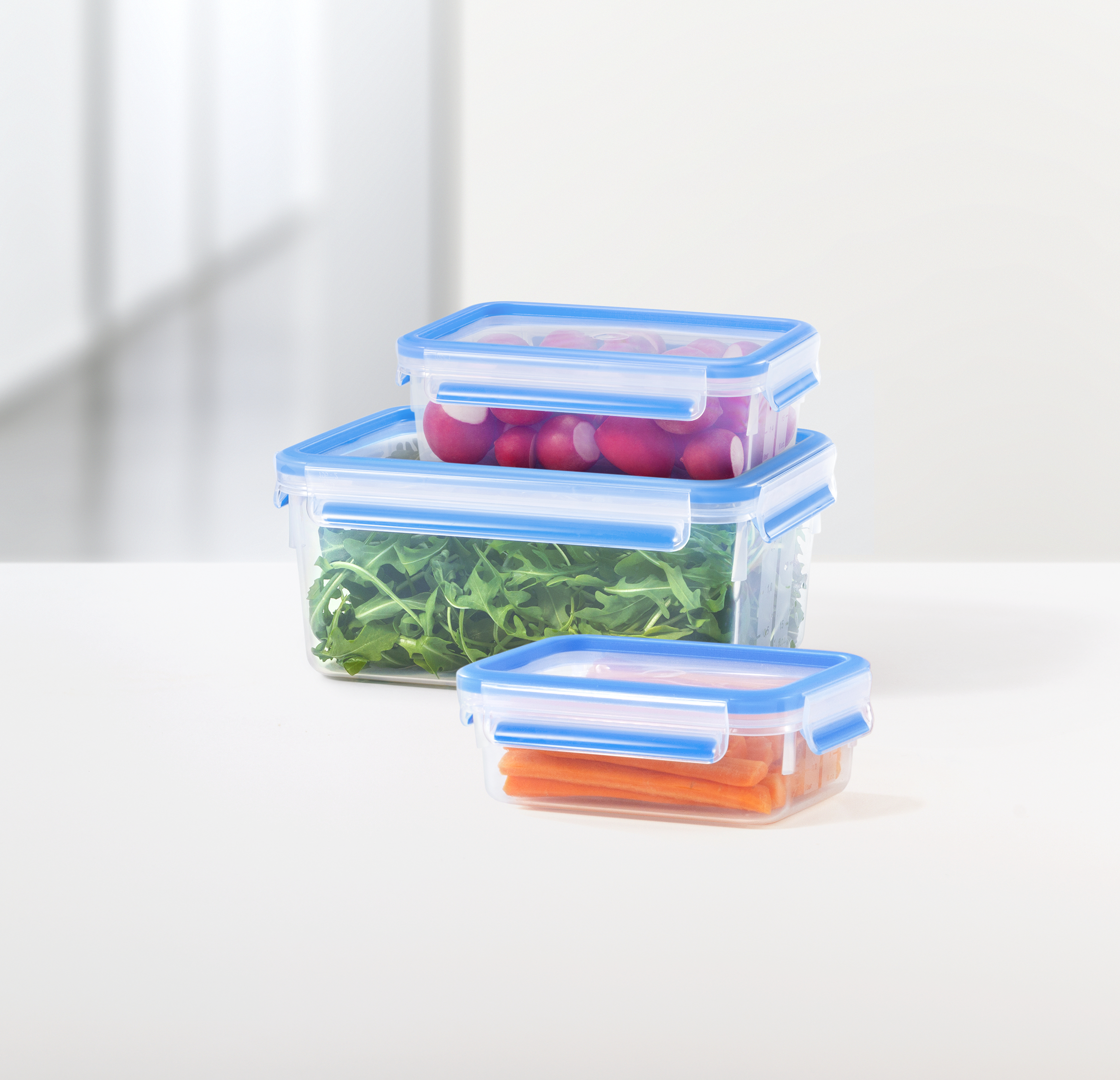 Drei Lebensmittelbehälter mit blauen Deckeln, gefüllt mit Radieschen, Rucola und Karotten.