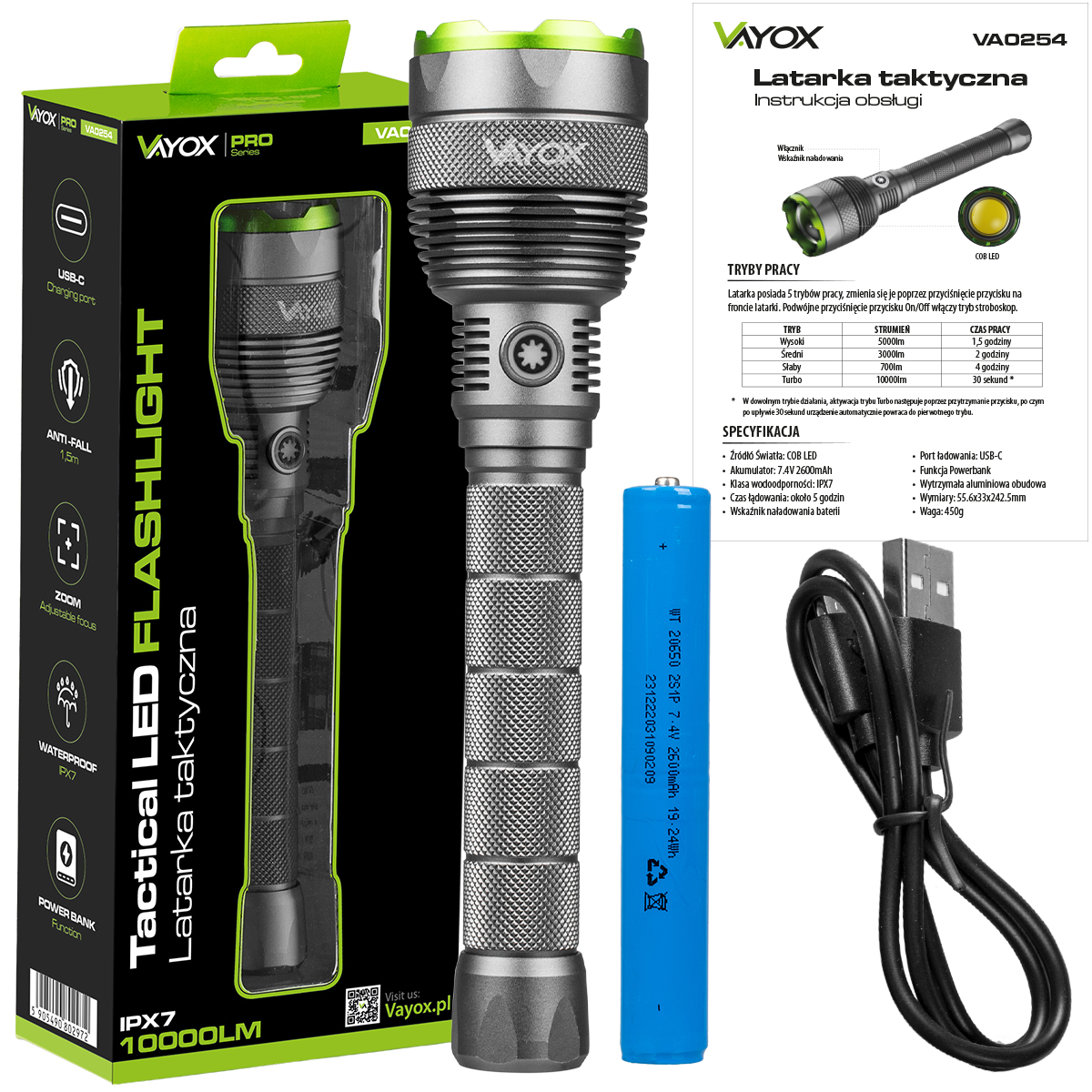 Taktyczna latarka LED z akcesoriami, pudełkiem i kablem USB.