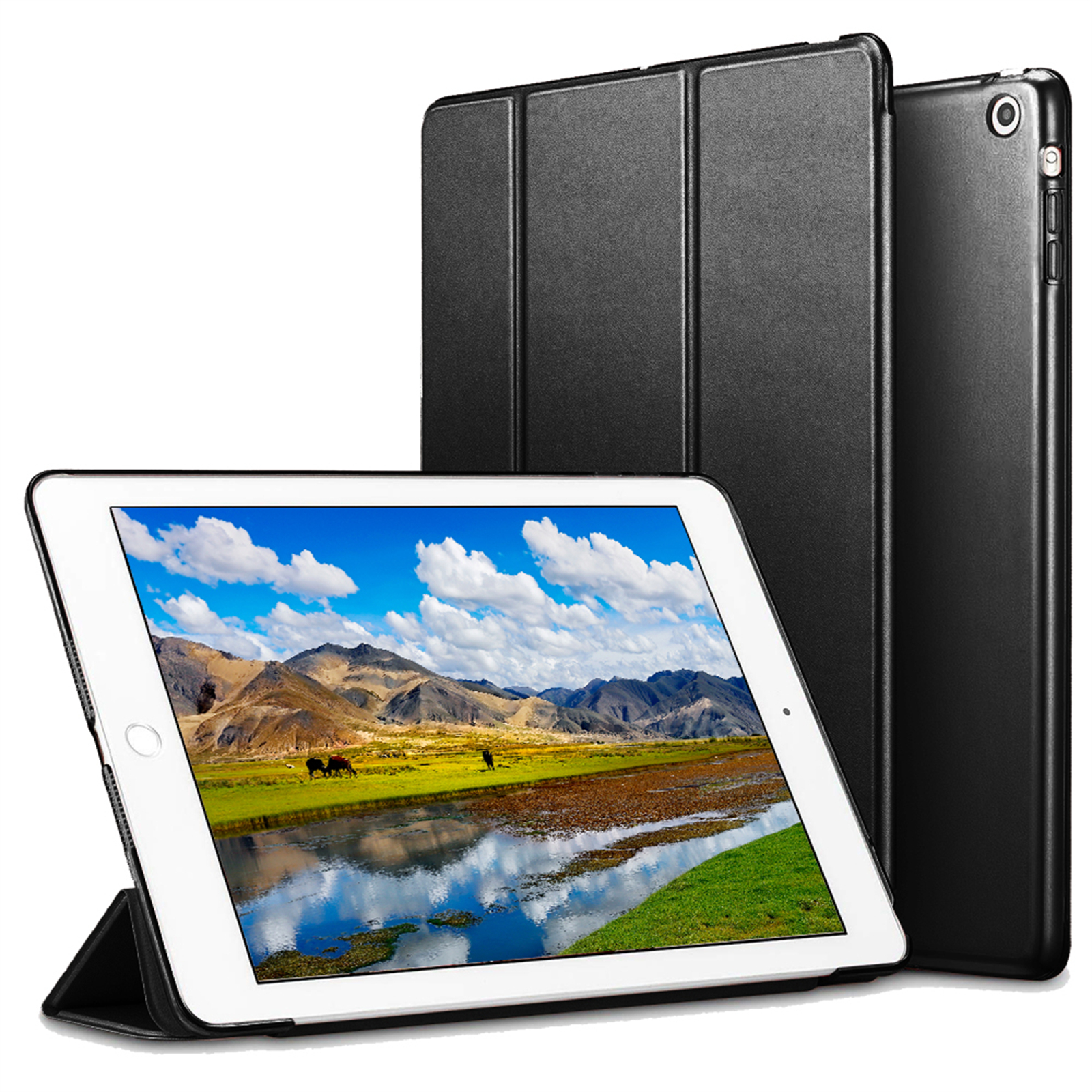 Apple iPad in schwarzer Hülle mit einer Landschaft aus Bergen, Wasser und Tieren auf weißem Hintergrund.