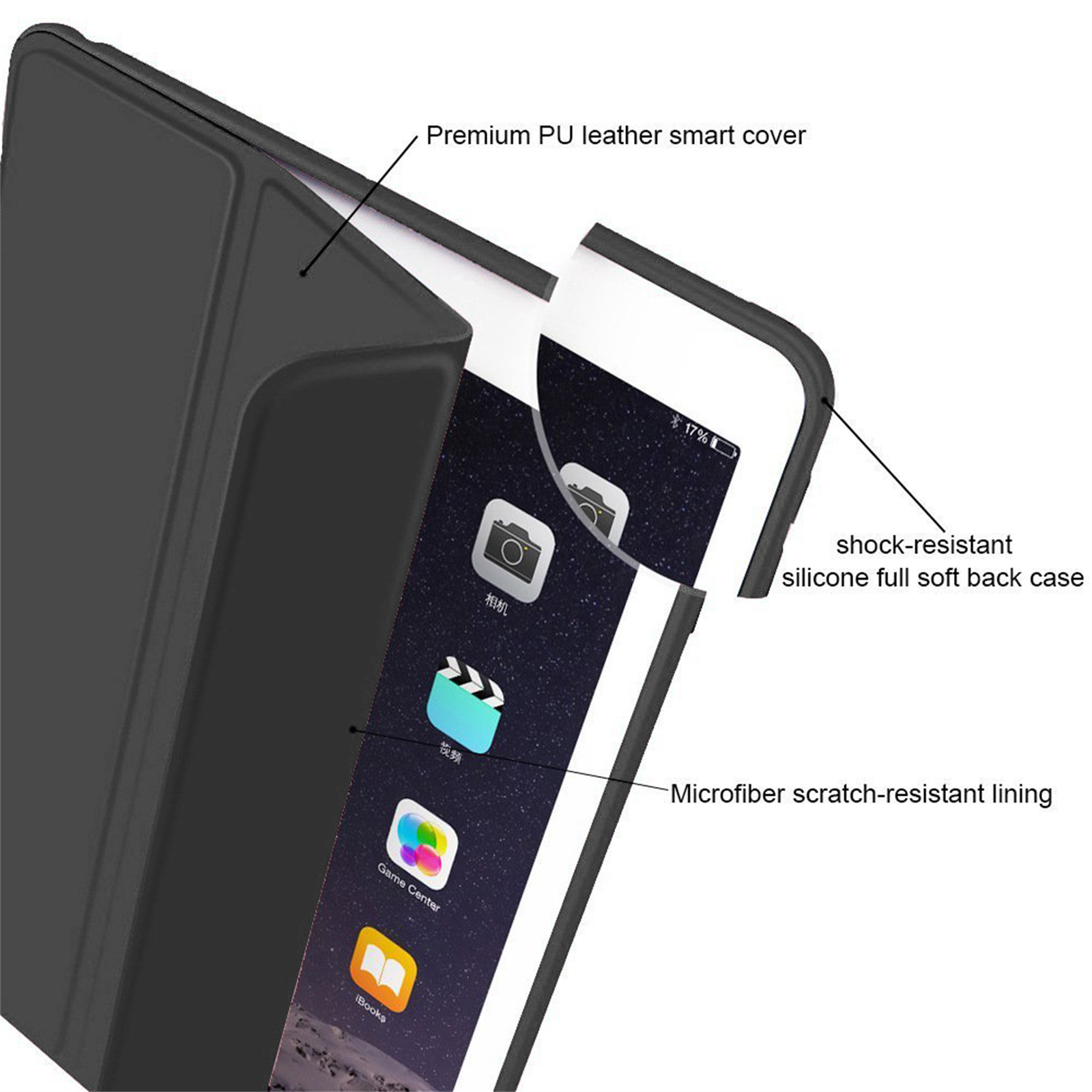 Ein iPad, das die Innenseite zeigt. Premium PU Leder Smart Cover, stoßfeste Silikon-Rückseite.