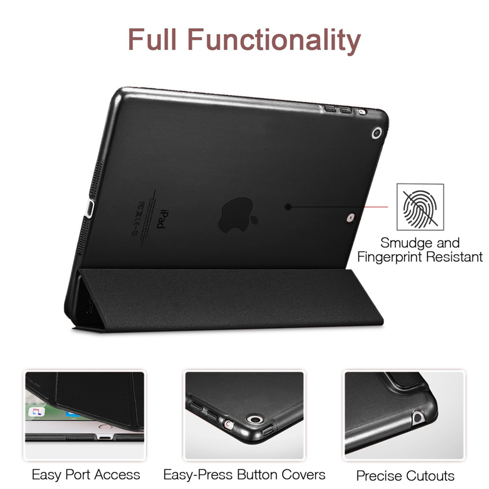 Schwarzes iPad in einer schwarzen Hülle, die schmutz- und fingerabdruckresistent ist, auf weißem Hintergrund.