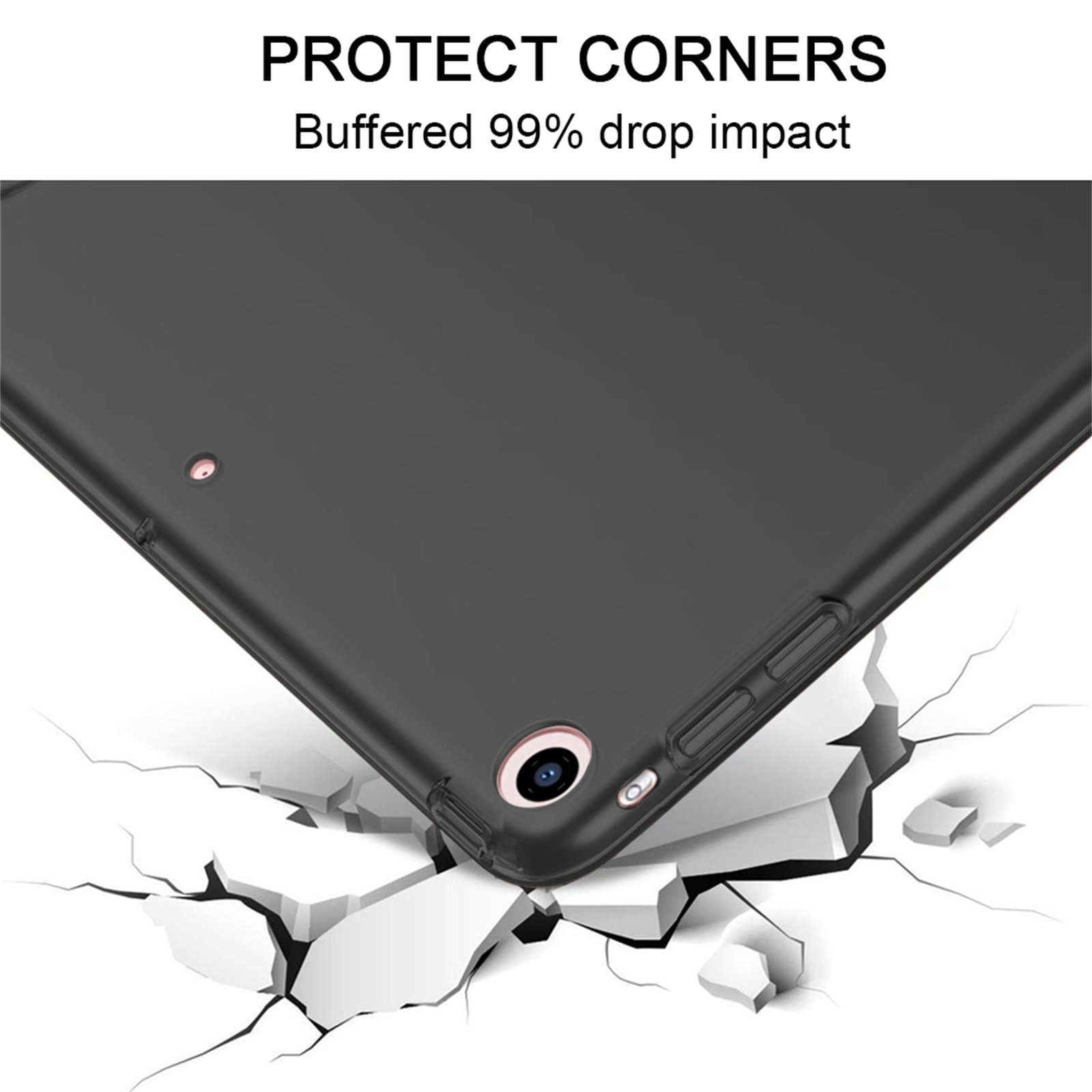 Schwarze Tablet-Hülle mit zerbrochener Ecke auf gerissener weißer Oberfläche, mit den Worten 'PROTECT CORNERS'.