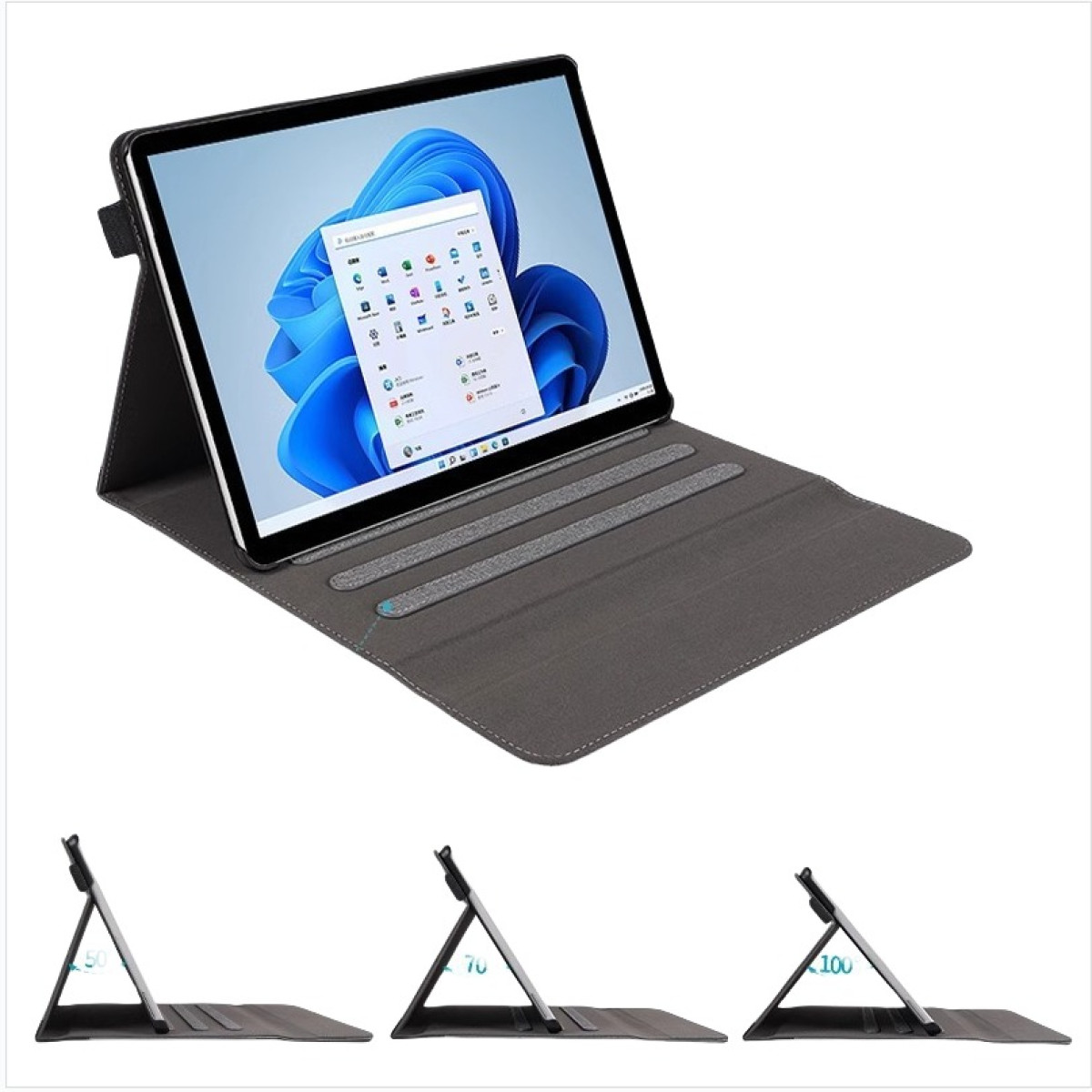Custodia per tablet con tablet all'interno, che mostra diverse angolazioni. È grigia.