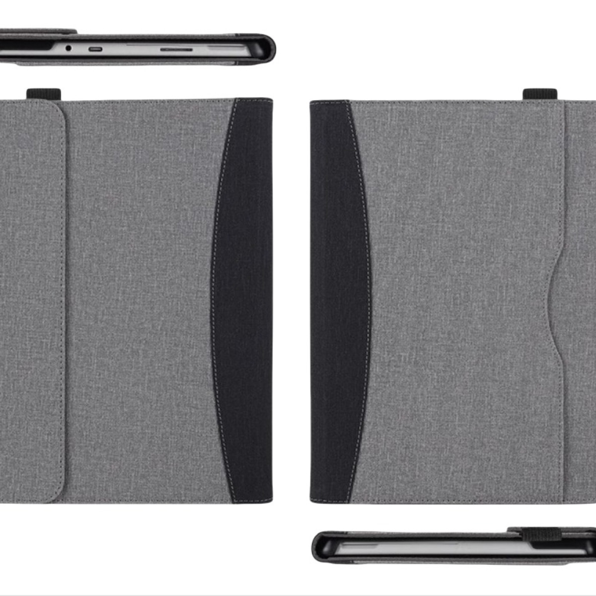 Custodia per tablet, tessuto grigio, accento nero. Viste multiple: fronte, retro, lato, sopra.