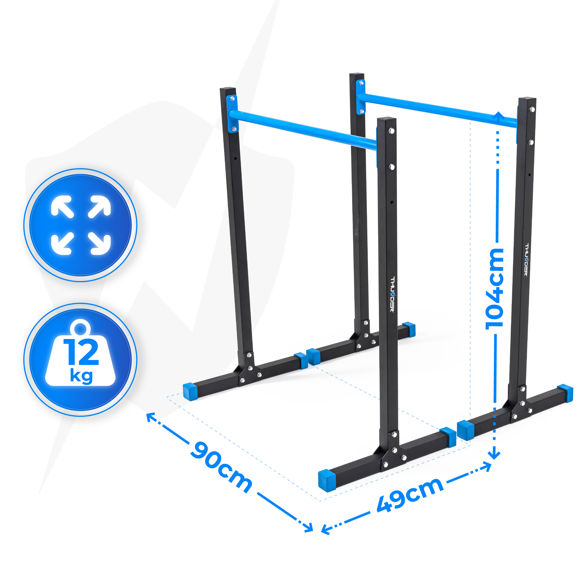 Poręcze równoległe z oznaczonymi wymiarami. Schemat kolorów niebieski i czarny. Białe tło.