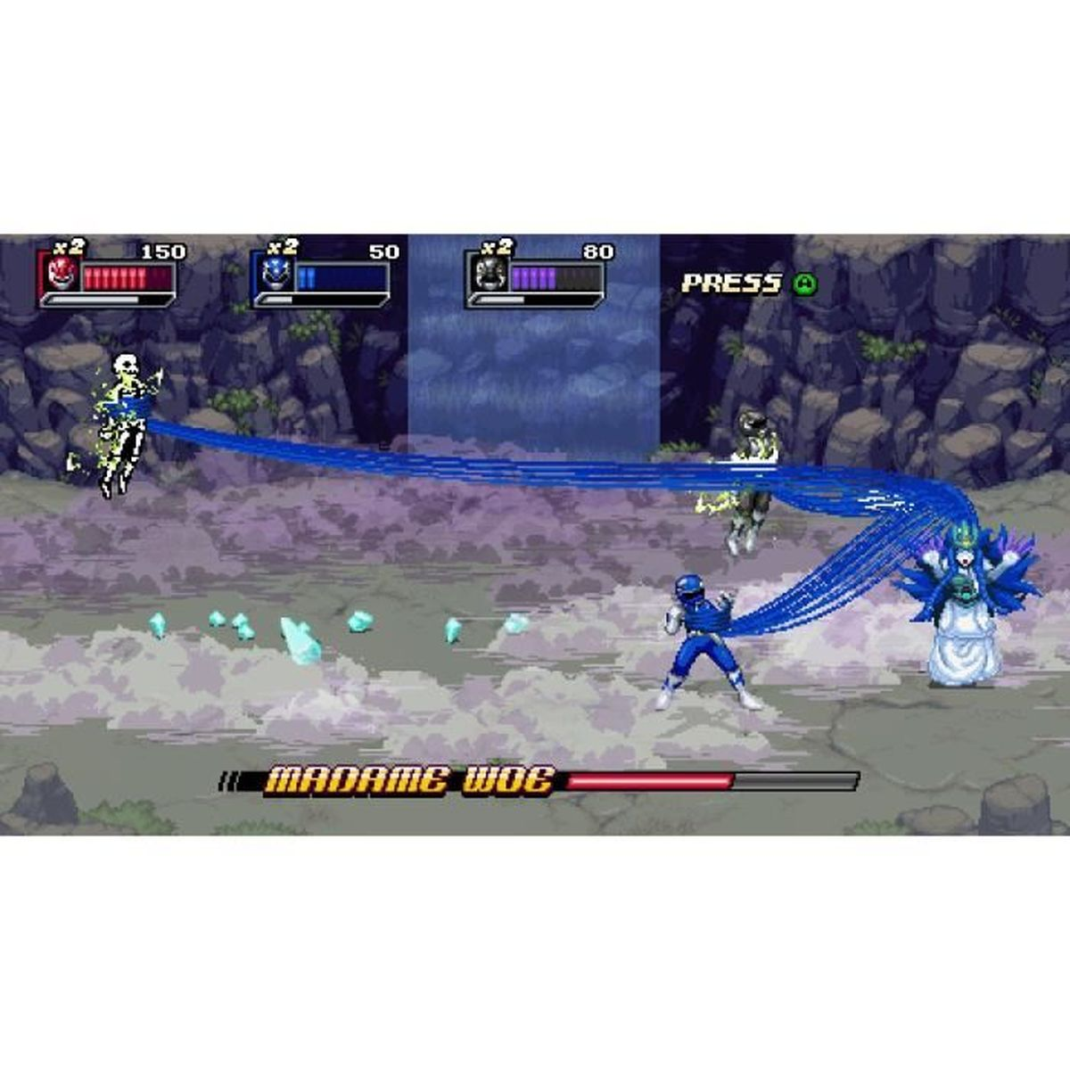 Ekran gry wideo pokazujący scenę walki z Power Rangers i potworami.
