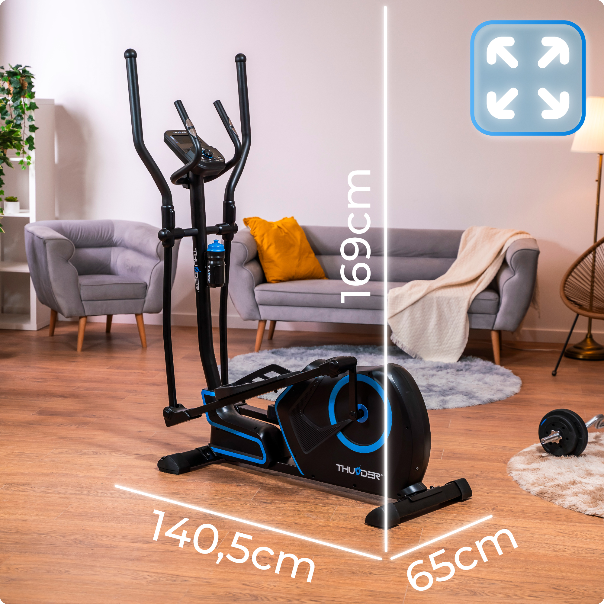 Trener eliptyczny z zaznaczonymi wymiarami. Kobieta ćwiczy na trenażerze.