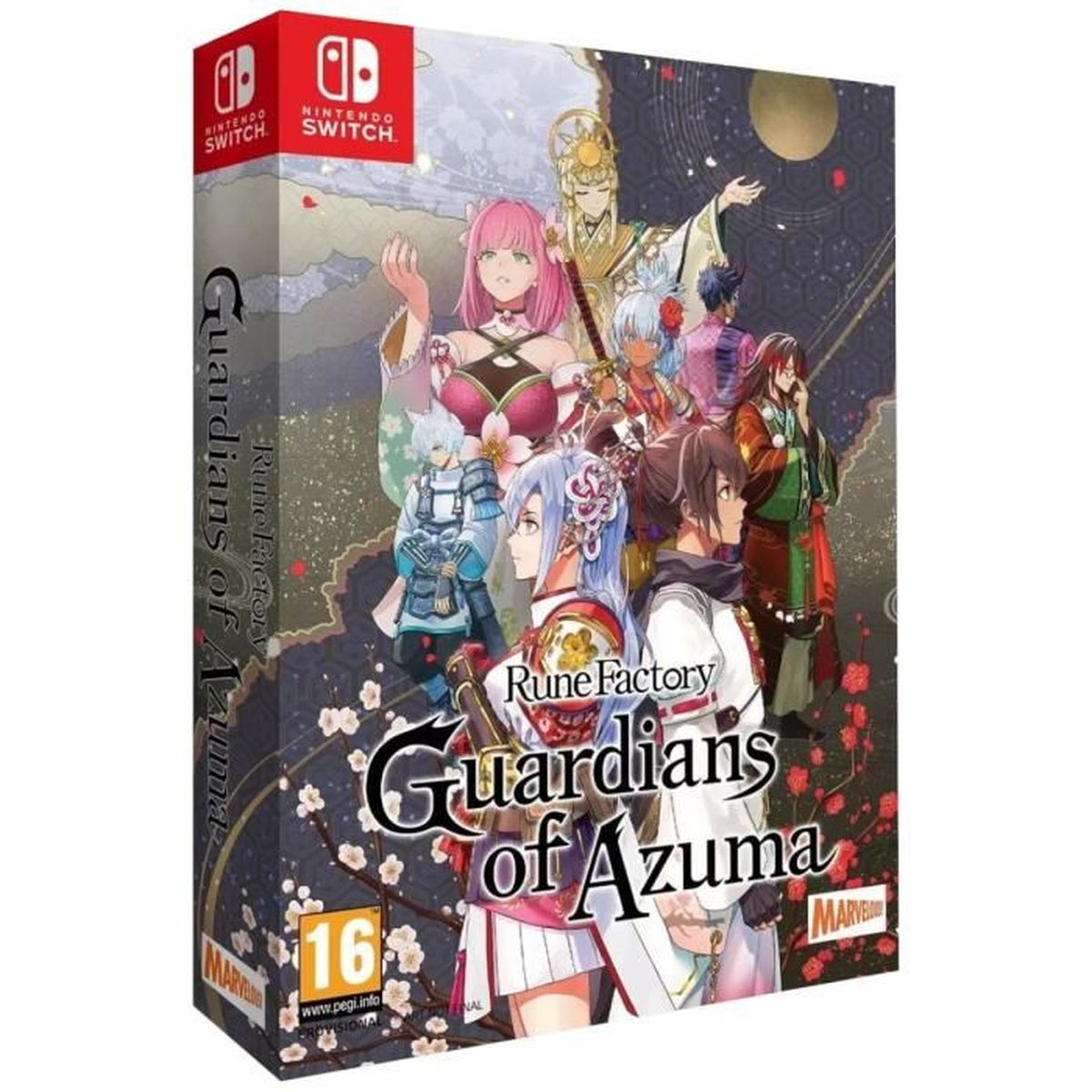 Scatola di gioco di 'Rune Factory: Guardians of Azuma'. Presenta personaggi anime e il logo Nintendo Switch.