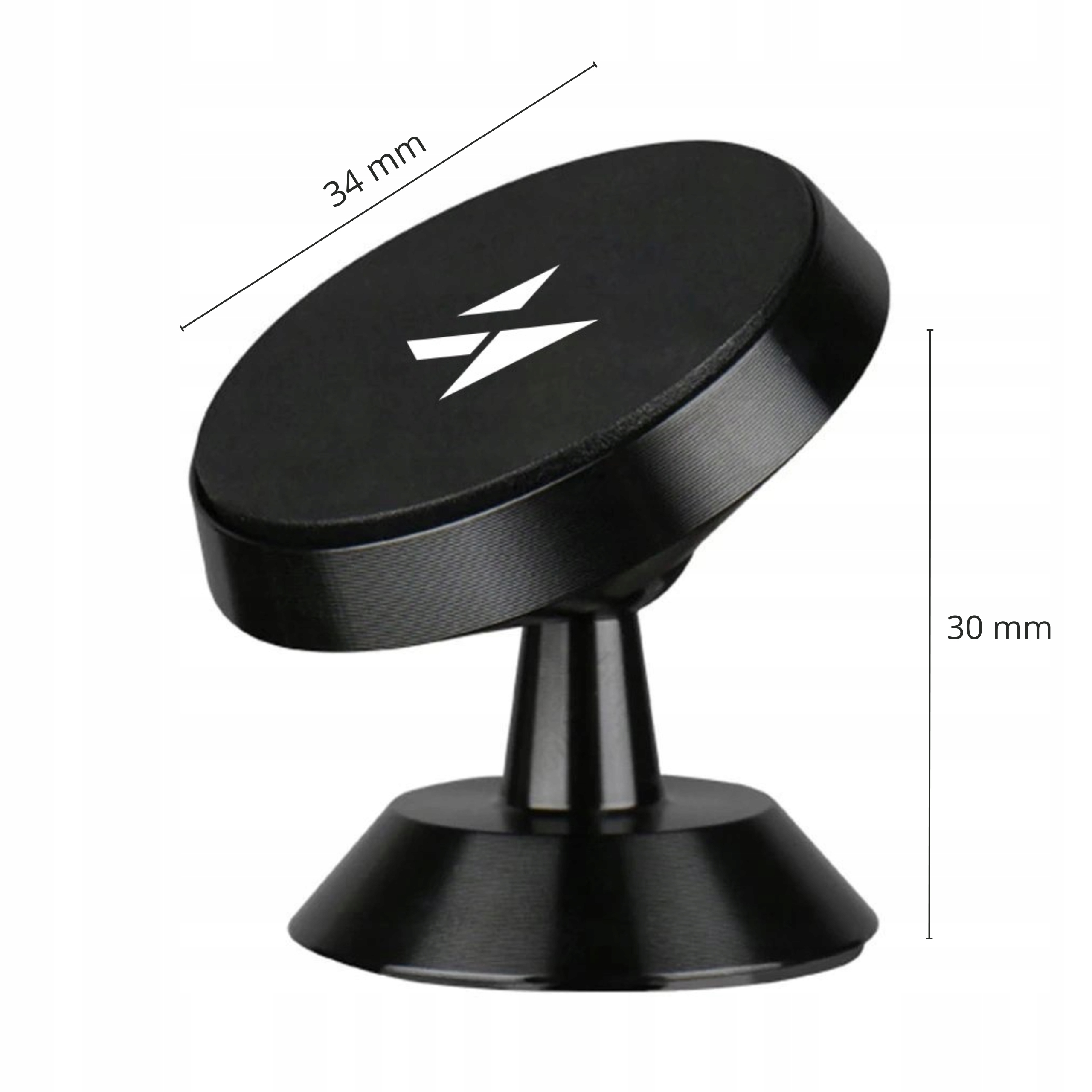 Czarny, okrągły uchwyt do telefonu z białym logo. Jest pochylony i ma wskazane wymiary.