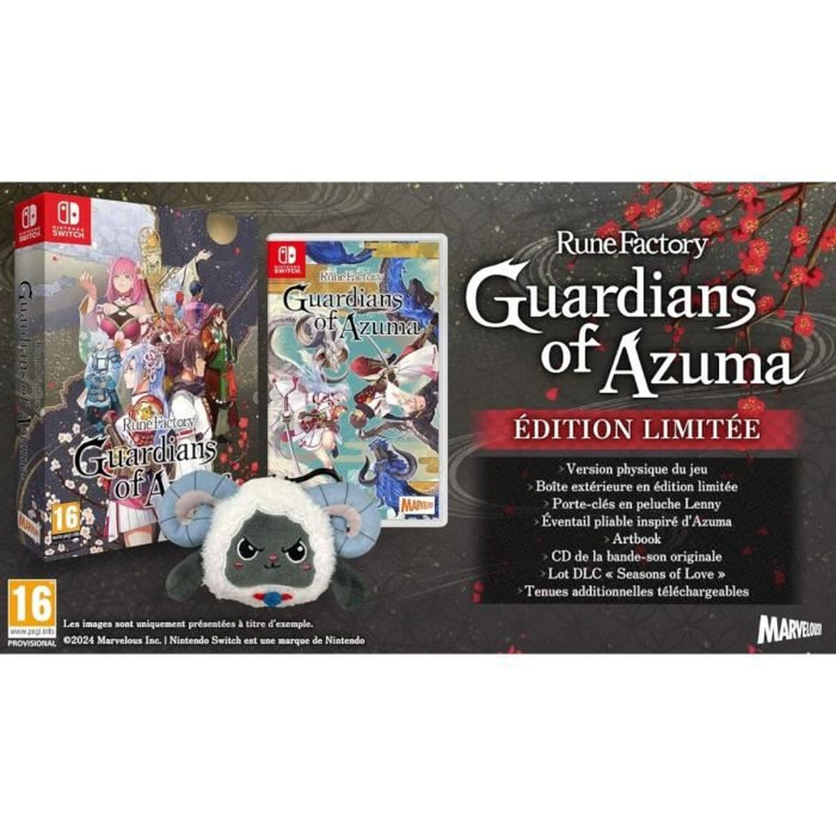 Un set di scatole di gioco con un gioco, un peluche e un artbook. Il titolo 'Guardians of Azuma' è visibile.