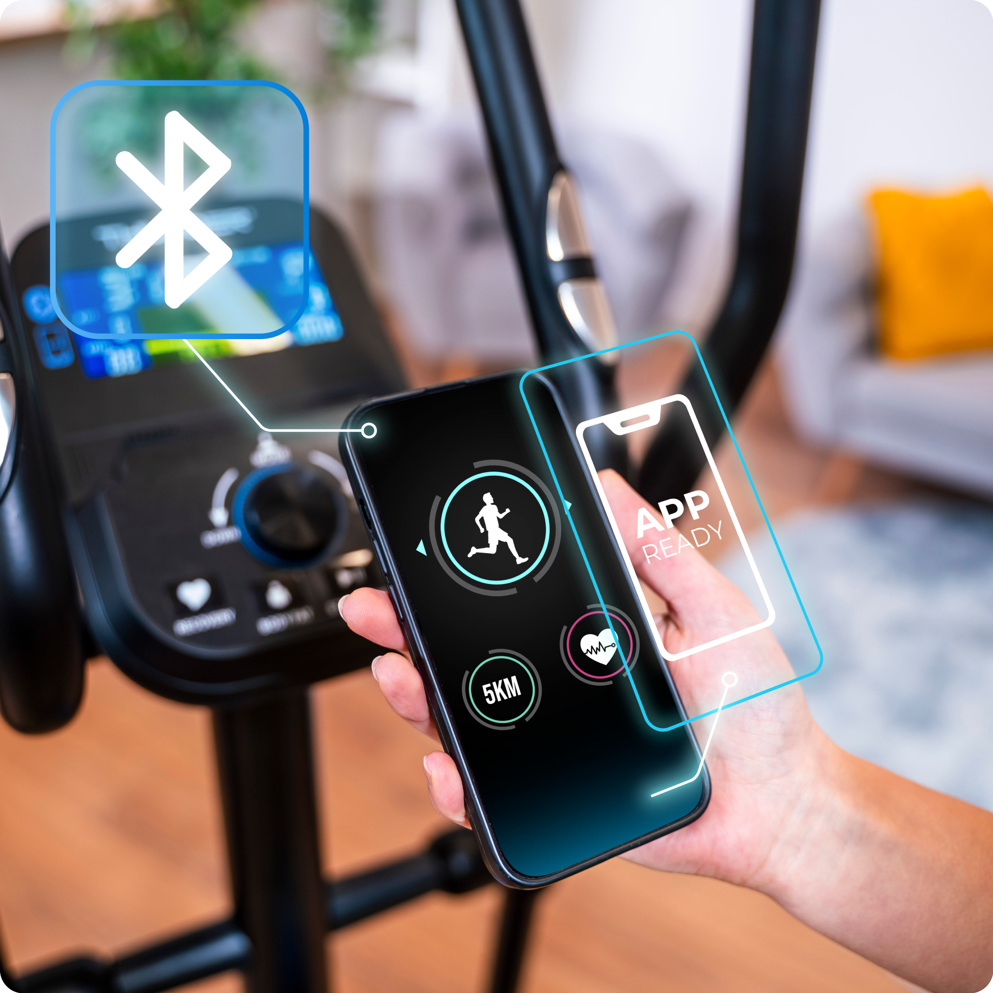 Dłoń trzymająca czarny smartfon z wyświetlaczem gotowym do aplikacji. Telefon wyświetla ikonę osoby biegającej.